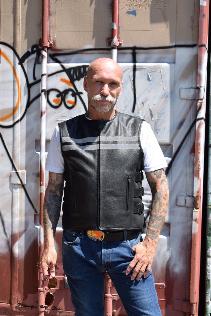 WICKED STOCK Men's Black Cowhide Leather Motorcycle Vest with Reflective Stripes - Biker Jacket for Harley Davidson Riding, Cruiser Bike Gear, Motorcycle Club Events & Outdoor Adventure
