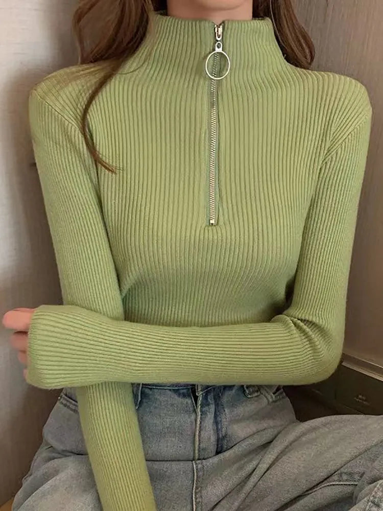 Vintage Solid Knitted Long Sleeve Zip-Up Half Turtleneck Sweater for Women - Cozy Winter Pullover for Casual Outfits & Office Wear