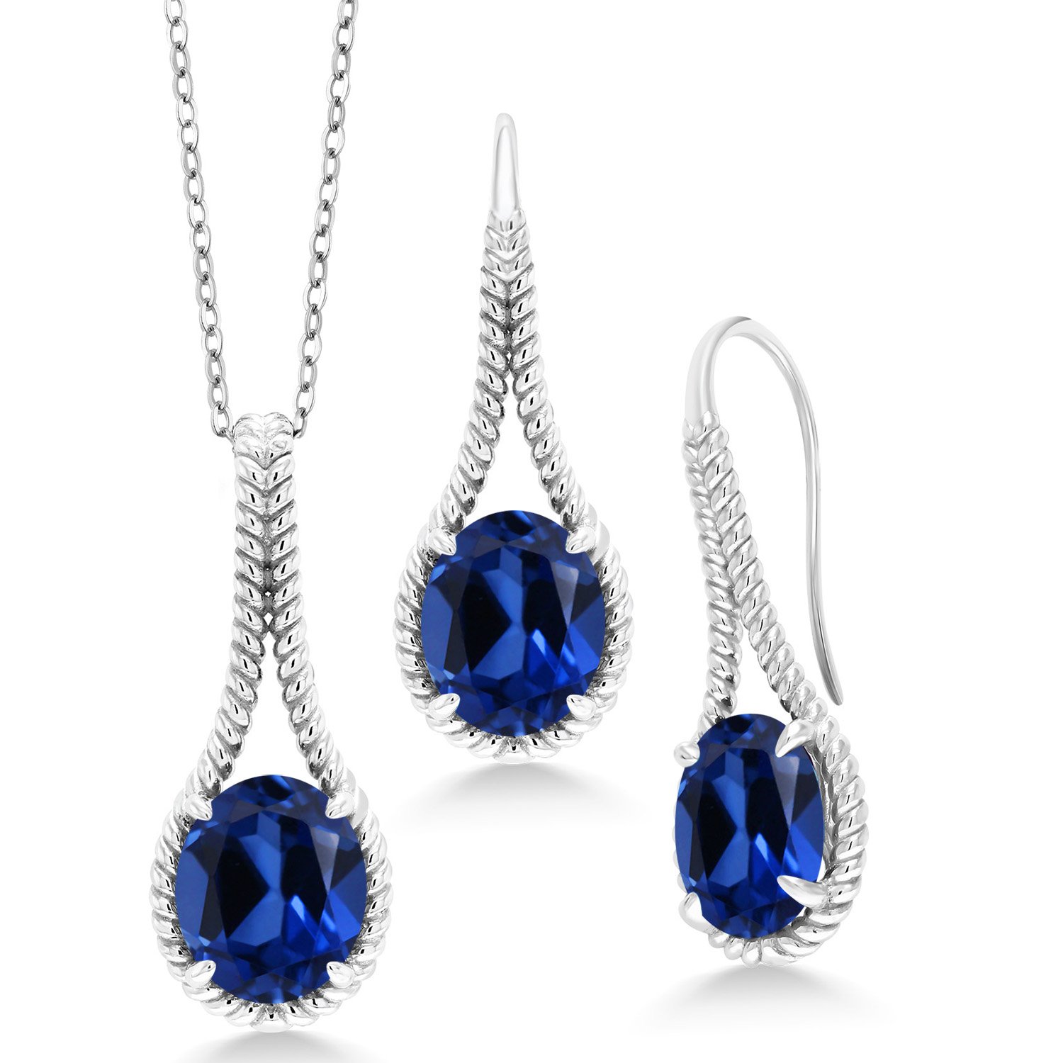925 Sterling Silver Blue Created Sapphire Pendant & Earrings Set for Women - 18.39 Cttw, Oval 12x10mm, 18