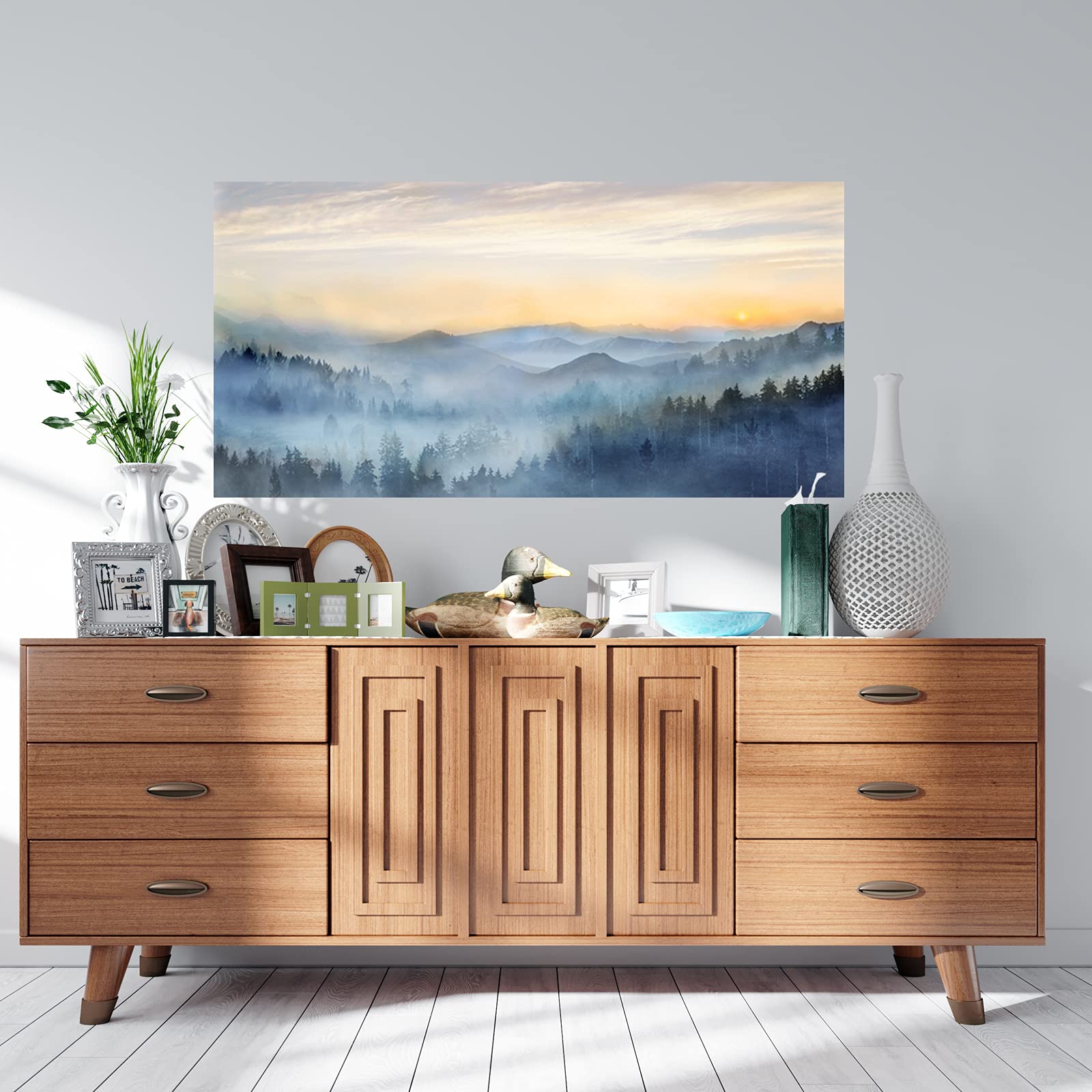 60x30 Inch Framed Canvas Wall Art - Sunrise Misty Forest Print Painting for Living Room, Bedroom & Bathroom Decor | Modern Large Wall Artwork Ready to Hang | Perfect for Home, Office & Gift Giving
