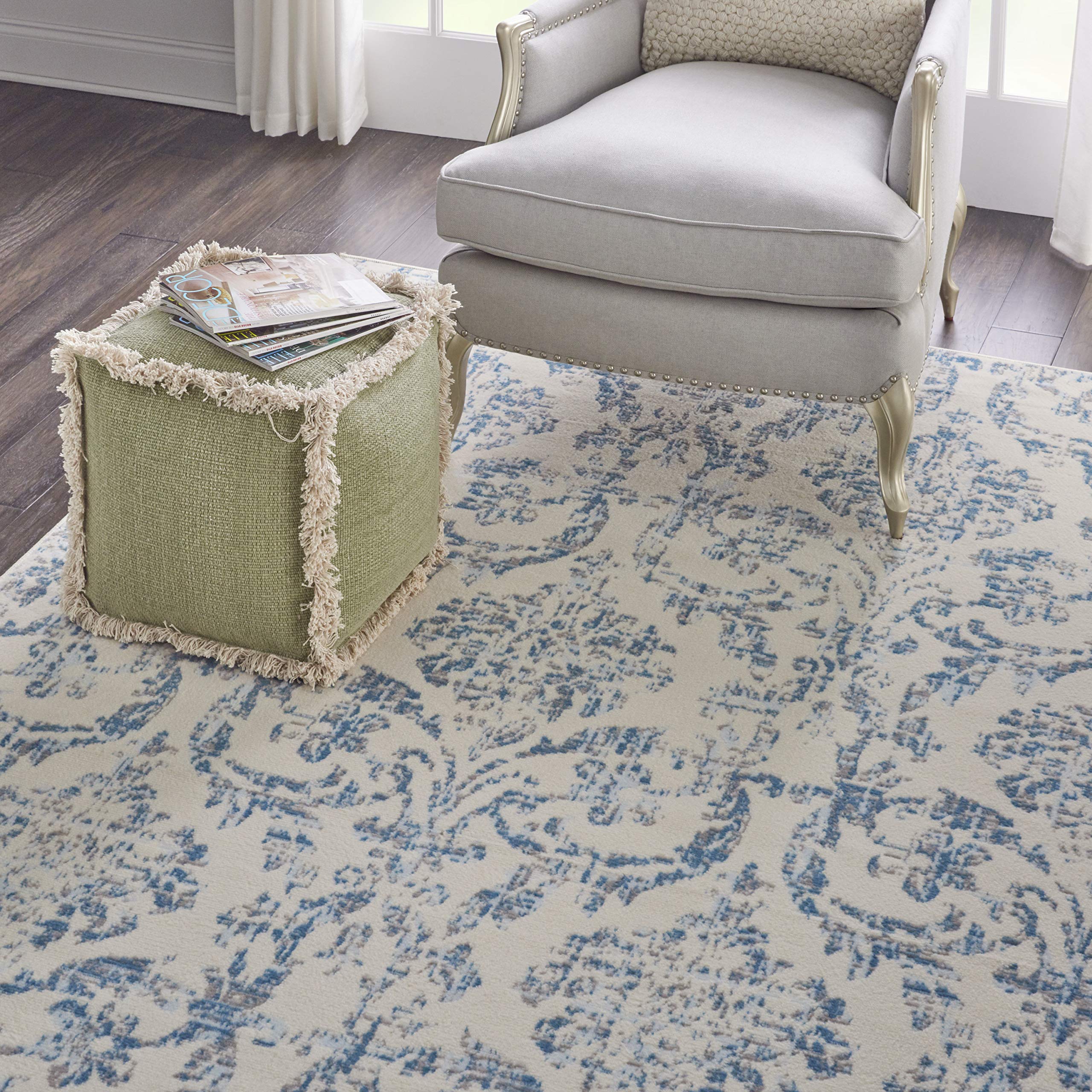 Nourison Jubilant Damask Ivory/Blue 7' x 10' Area Rug - Easy Clean, Non-Shedding, Stain Resistant - Perfect for Bedroom, Living Room, Dining Room & Kitchen Decor (7x10)