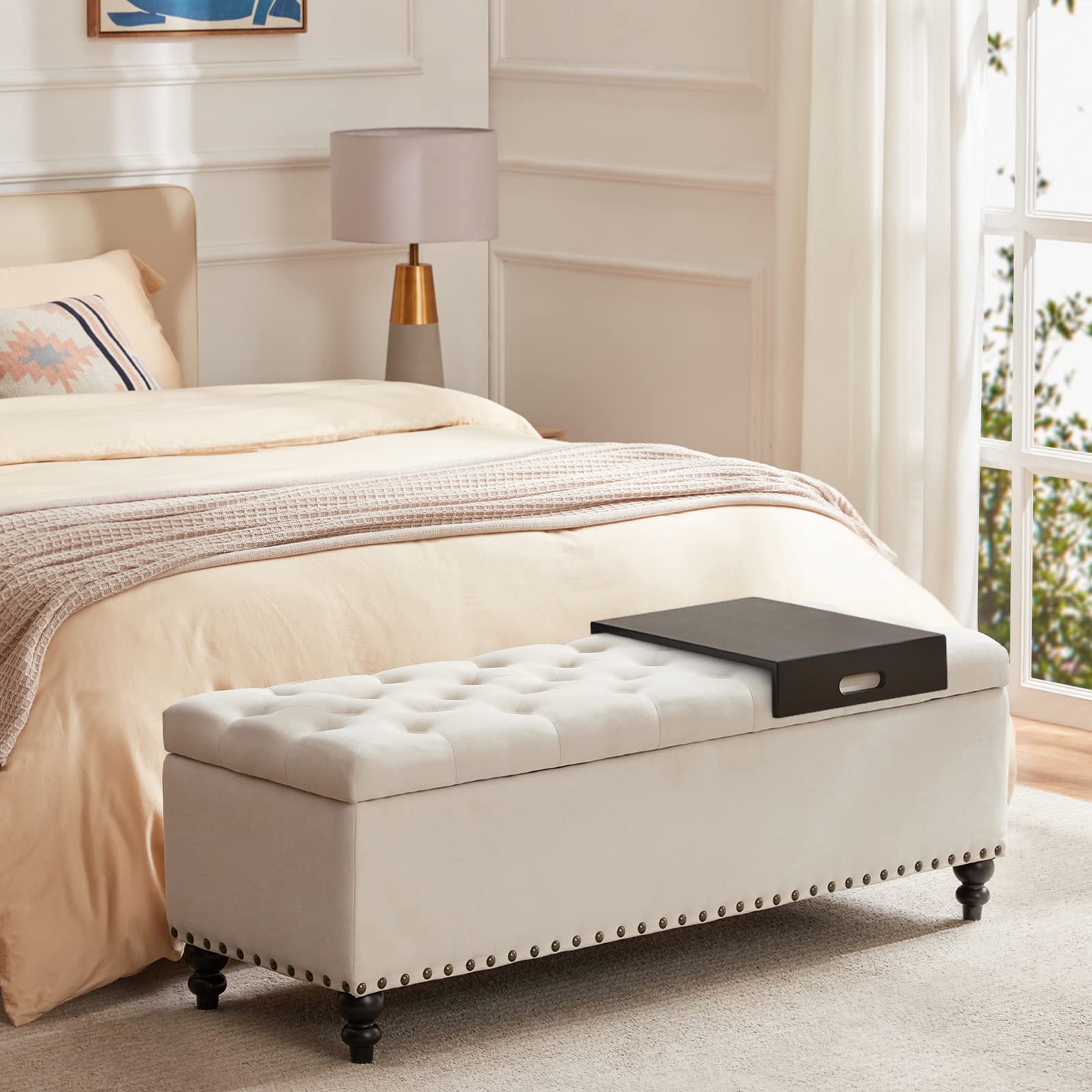 HUIMO 51-inch Storage Ottoman Bench with Removable Tray, Button-Tufted Upholstered Fabric, Safety Hinge - Large Storage Seat for Bedroom, Living Room (Beige) | Perfect for Extra Seating, Blanket Storage & Home Organization