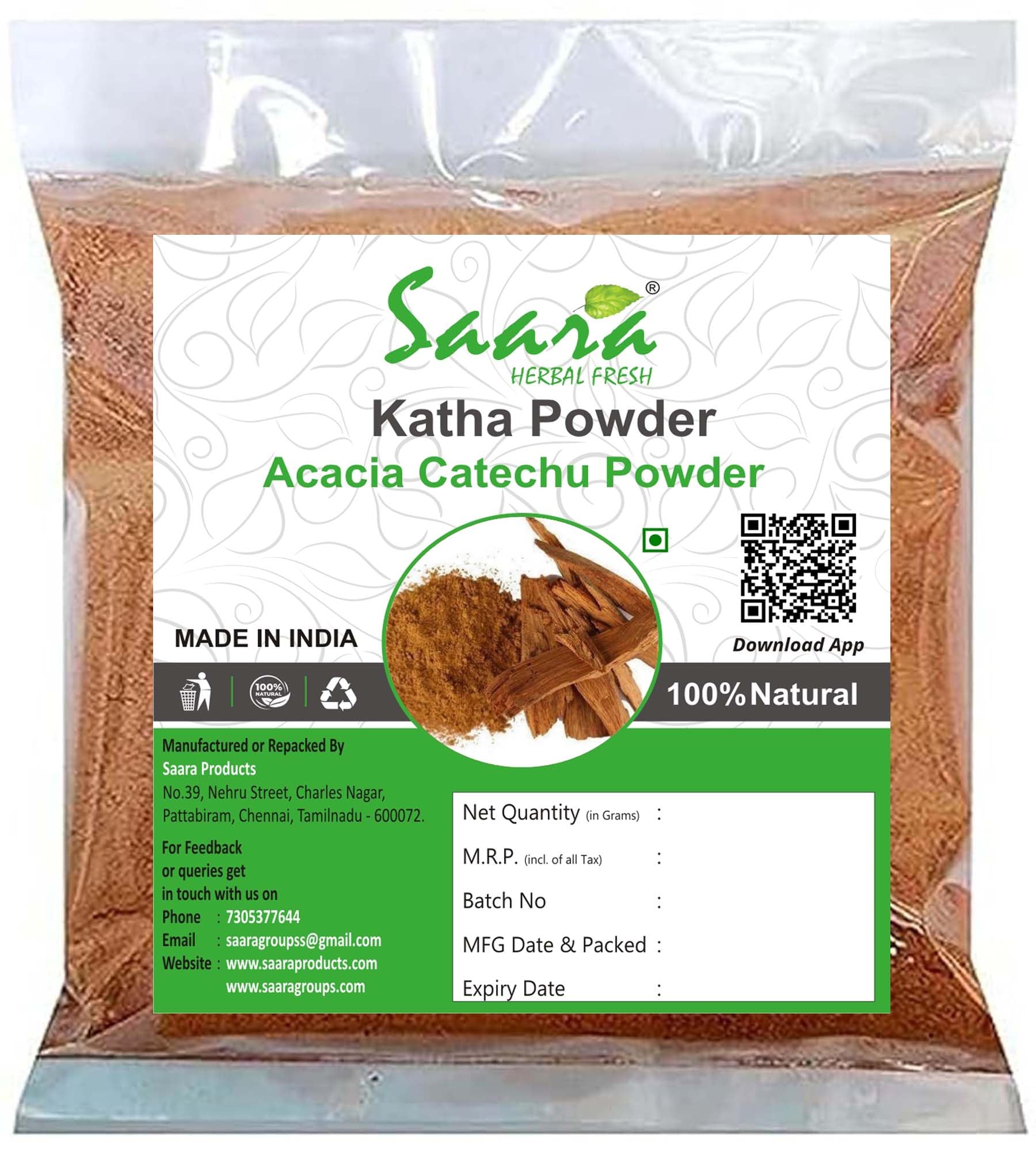 SAARA Herbal Fresh Katha Powder 51G - Natural Acacia Catechu Powder for Hair Care, Khair Chaal, Khadir Chaal - Promotes Healthy Hair Color & Scalp - Ideal for DIY Hair Masks & Natural Hair Dye (Pack of 1)