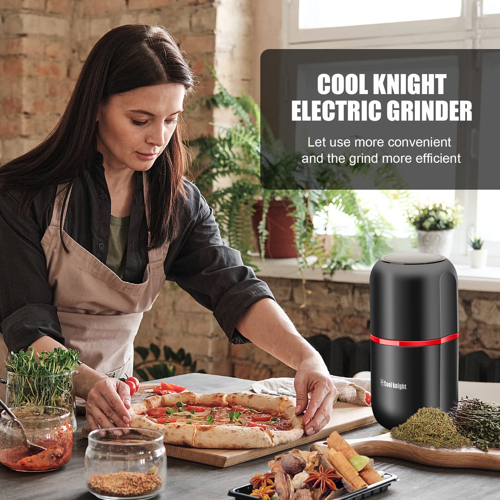 COOL KNIGHT Electric Herb Grinder - Large Capacity Fast Grinding for Spices, Herbs & Coffee with Pollen Catcher - 7.5 Inch Black - Perfect for Kitchen, Camping & Travel Use