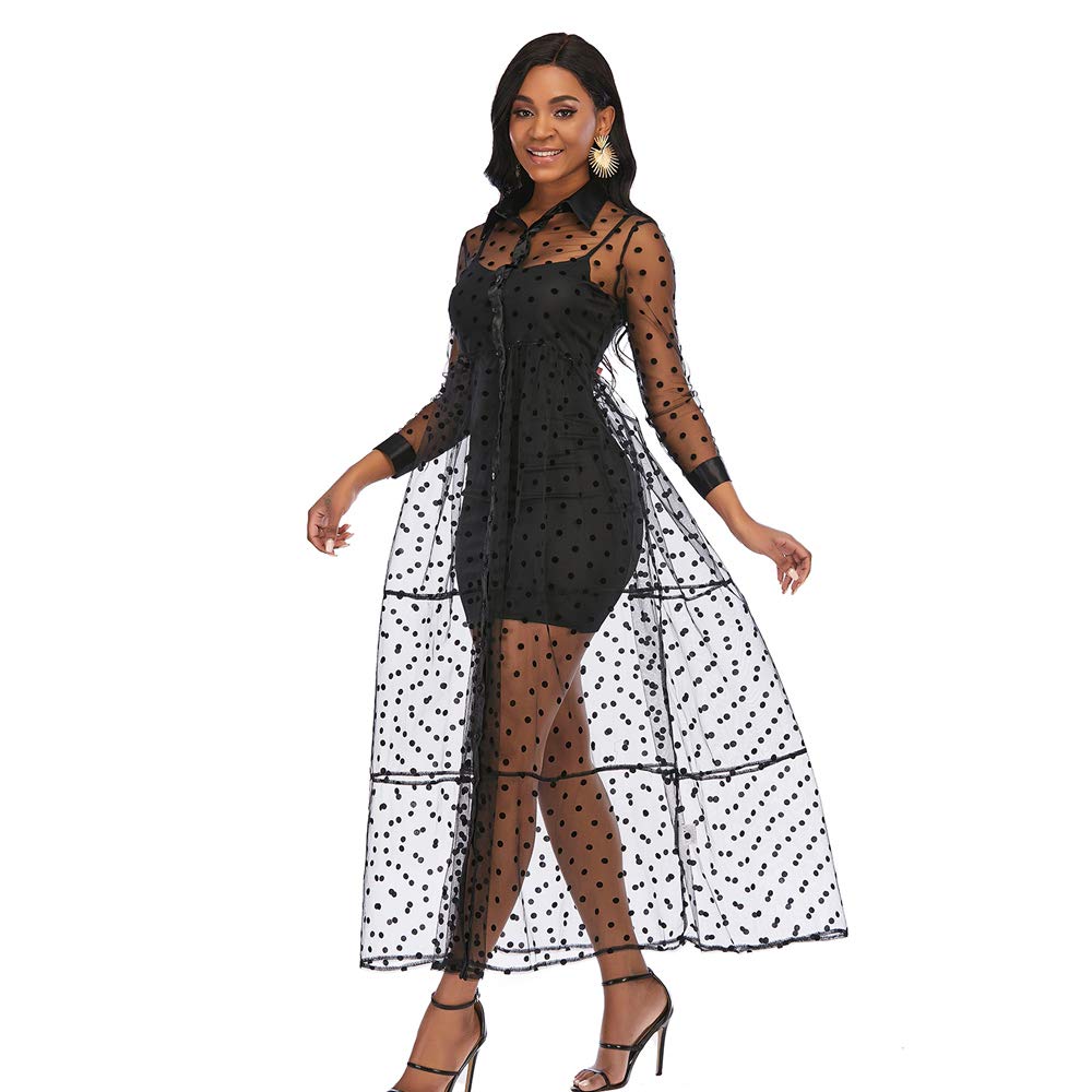 AOMEI Women's Black Polka Dot See-Through Mesh Long Sleeve Shirt Dress - Stylish & Flowy for Casual Outings, Date Nights & Office Wear
