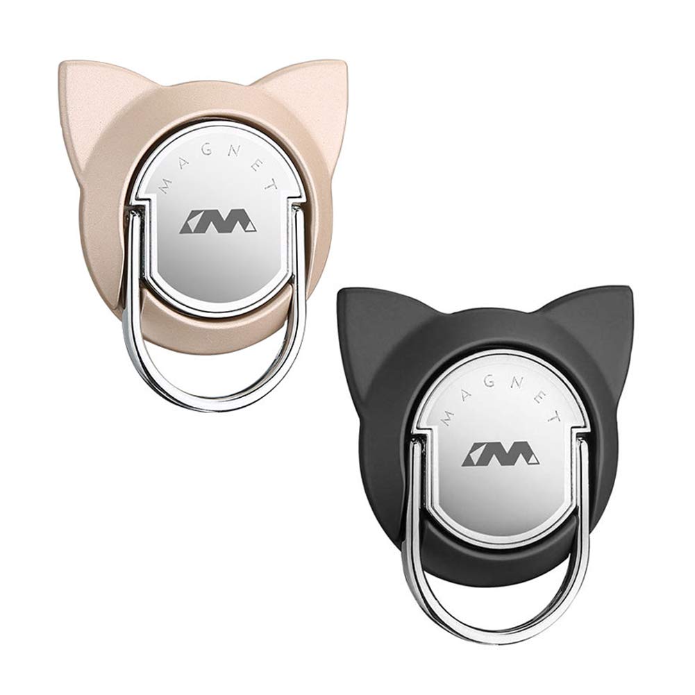 Magnetic Phone Ring Holder for iPhone XS/XS Max/XR - 2 Pack Black & Gold Cat Design - Car Mount & Finger Stand for Hands-Free Viewing & Secure Grip