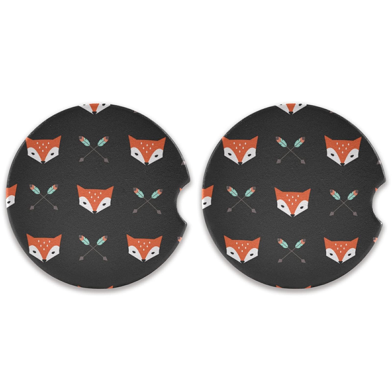 2-Pack Fox & Arrow Pattern Ceramic Car Coasters - Absorbent Cup Holder Coasters for Drinks - Cute Car Accessories for Men & Women (2.56in) - Perfect for Coffee, Soda & Beverage Spill Protection in Vehicles
