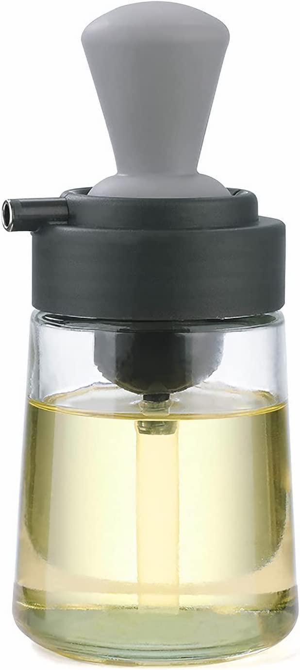 Premium Glass Olive Oil Bottle with Silicone Brush - 2-in-1 Oil Dispenser for Cooking, Frying, Baking & BBQ - Perfect for Kitchen, Air Fryer & Pancake Making (Grey)