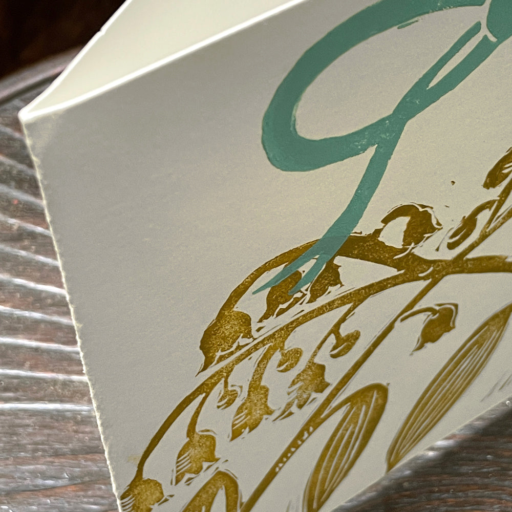 Handmade Block Printed Lily of the Valley Greeting Card with Blue Bow - Perfect for Birthdays, Anniversaries & Thank You Notes | Eco-Friendly Stationery Gift