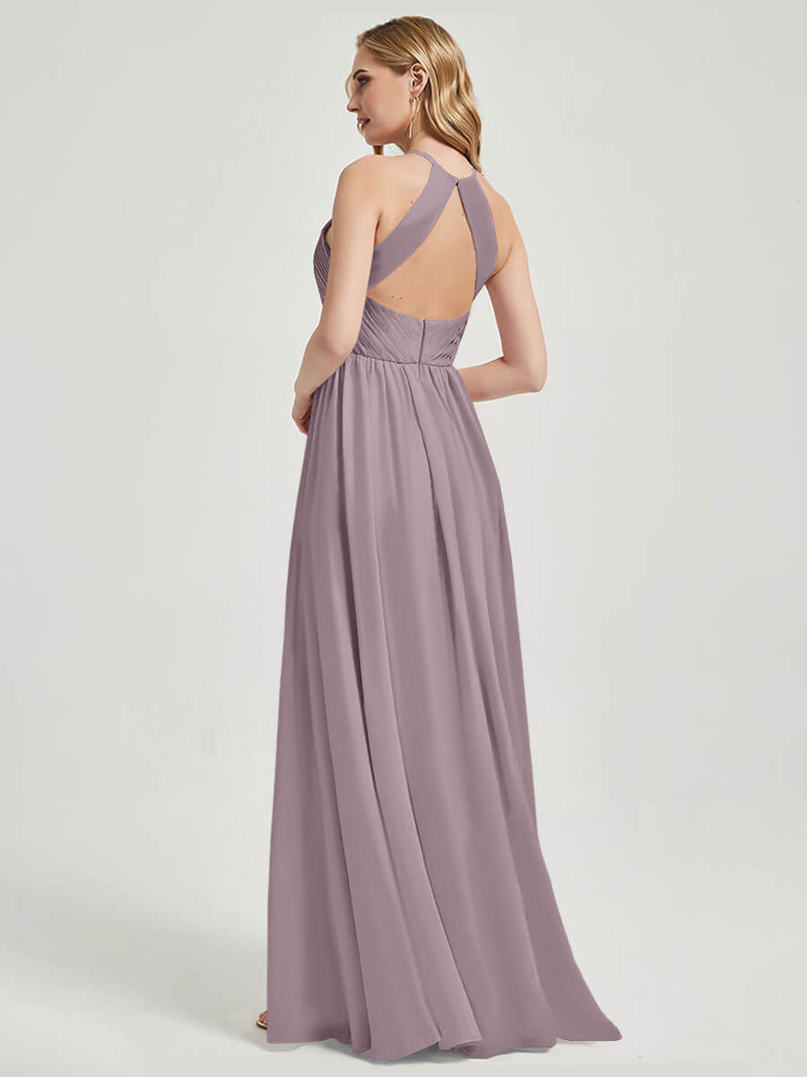 Elegant Dusk Halter Pleated Keyhole Back Chiffon Floor Length Bridesmaid Dress for Weddings & Formal Events - Perfect for Bridal Party, Evening Gala & Special Occasions