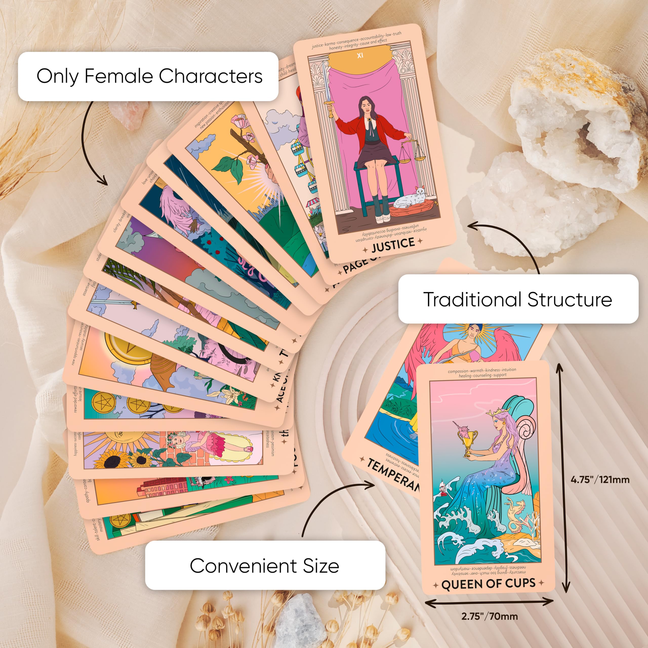 Wyspell Feminine Tarot Card Deck with Meanings & Guide Book - Beginner Tarot Card Set for Divination, Self-Discovery & Spiritual Guidance - Perfect for Meditation, Gift Giving & Tarot Reading Practice