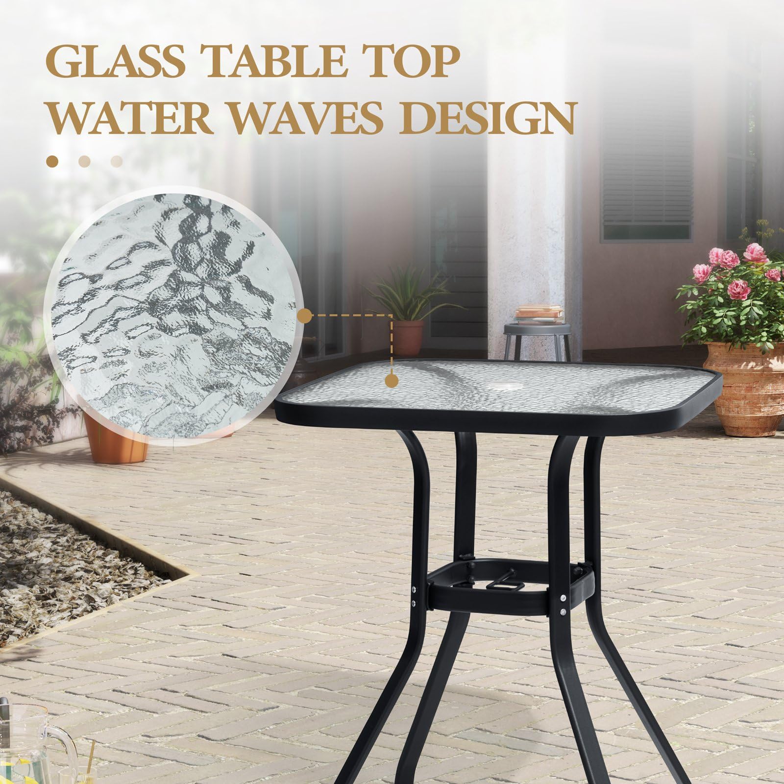 **Outdoor Bar Table with Umbrella Hole - Aluminum Frame & Tempered Glass Top Patio Dining Bistro Table - Durable Banquet Furniture for Garden, Pool, Deck, Lawn (Black) - Perfect for Outdoor Entertaining & Relaxation**