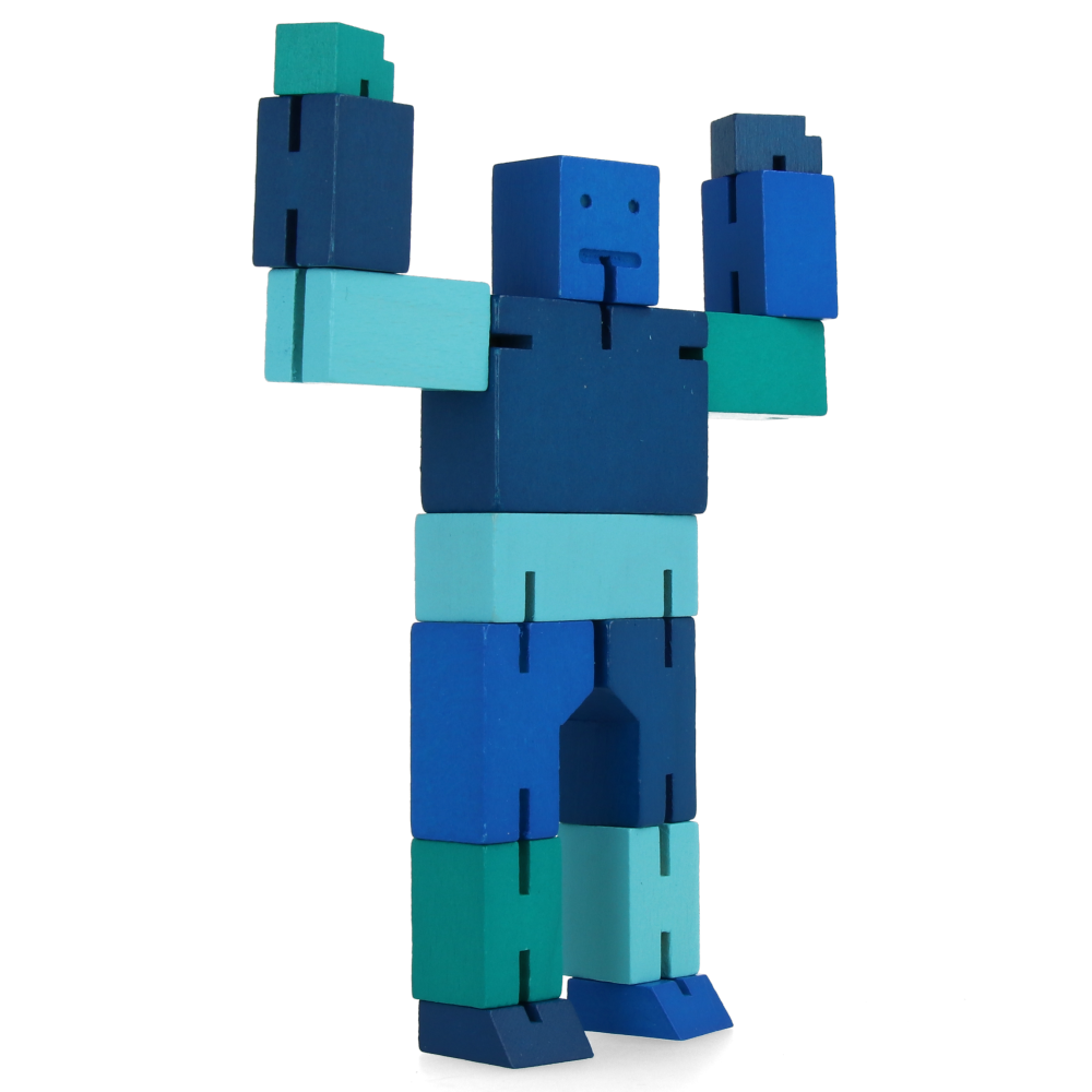 Original Cubebot Small Blue Multi-Poseable Wooden Robot Toy - Perfect for Kids' Creative Play, Stress Relief, and Office Desk Decor
