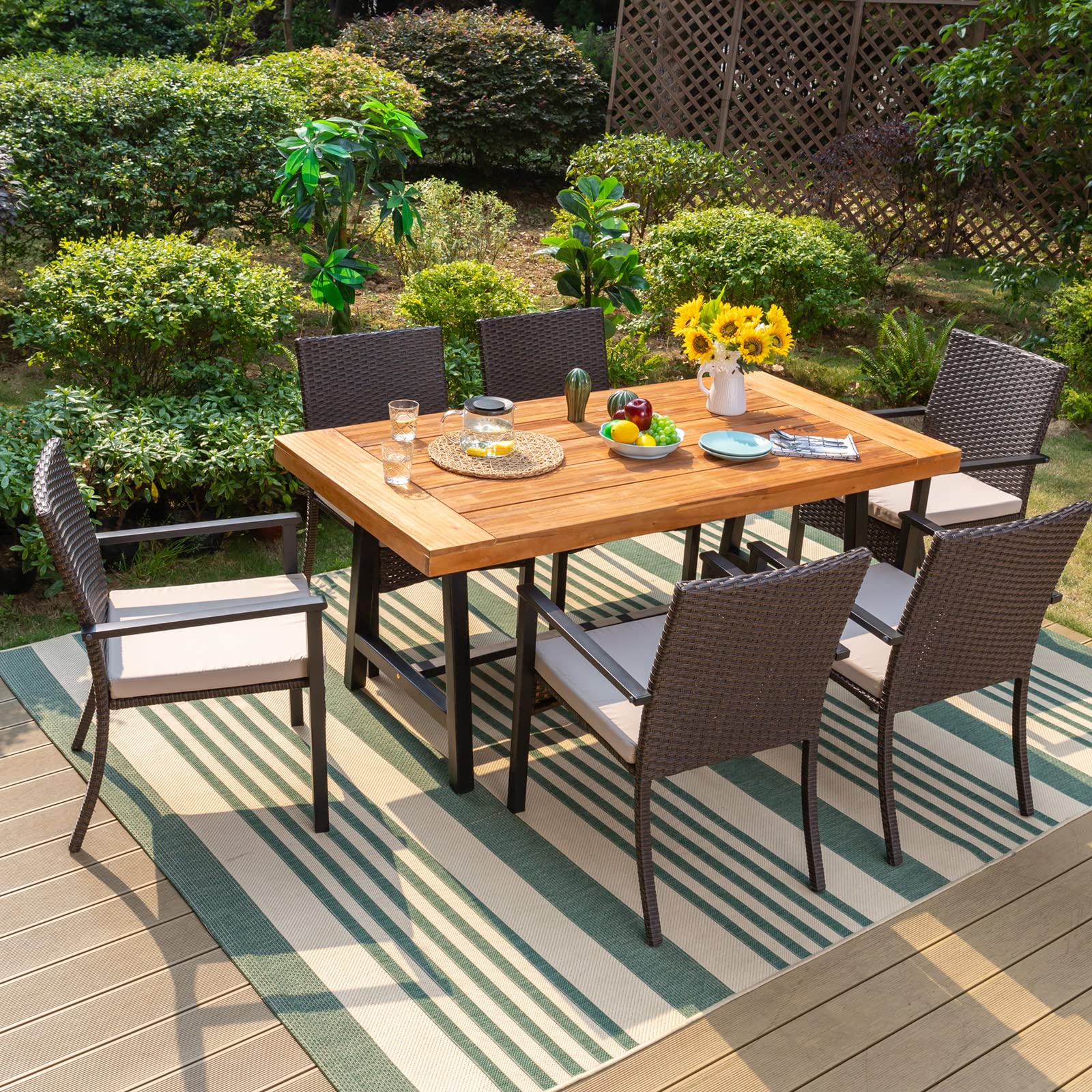 Sophia & William 7-Piece Outdoor Dining Set - 6 PE Rattan Chairs & 1 Acacia Wood Table with Cushions - Patio Furniture for Backyard, Deck, Porch or Garden - Perfect for Outdoor Entertaining & Family Gatherings