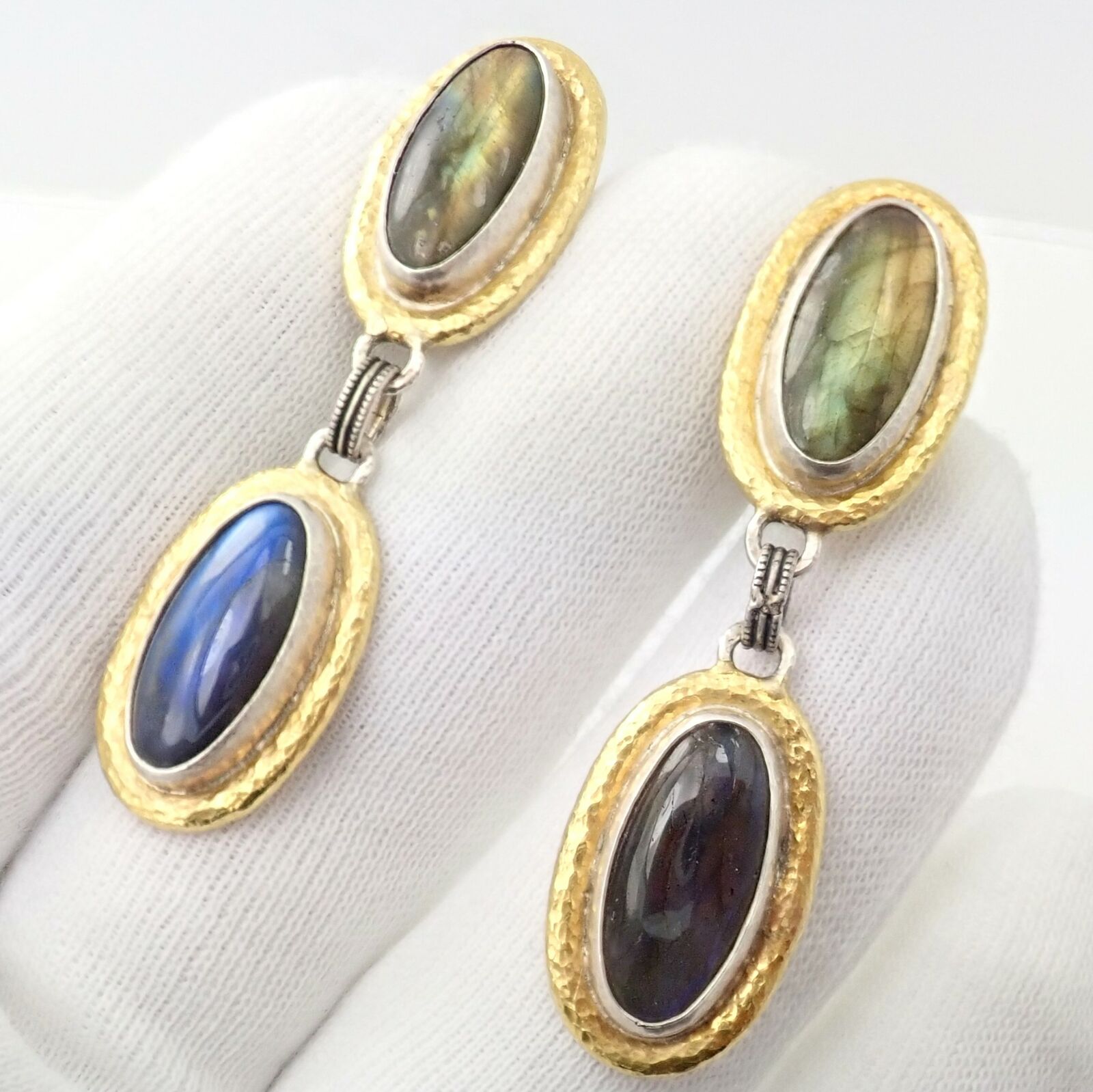 Authentic Gurhan Hammered Sterling Silver 24K Gold Labradorite Earrings - Elegant Dangle Earrings for Women, Perfect for Weddings, Parties & Special Occasions