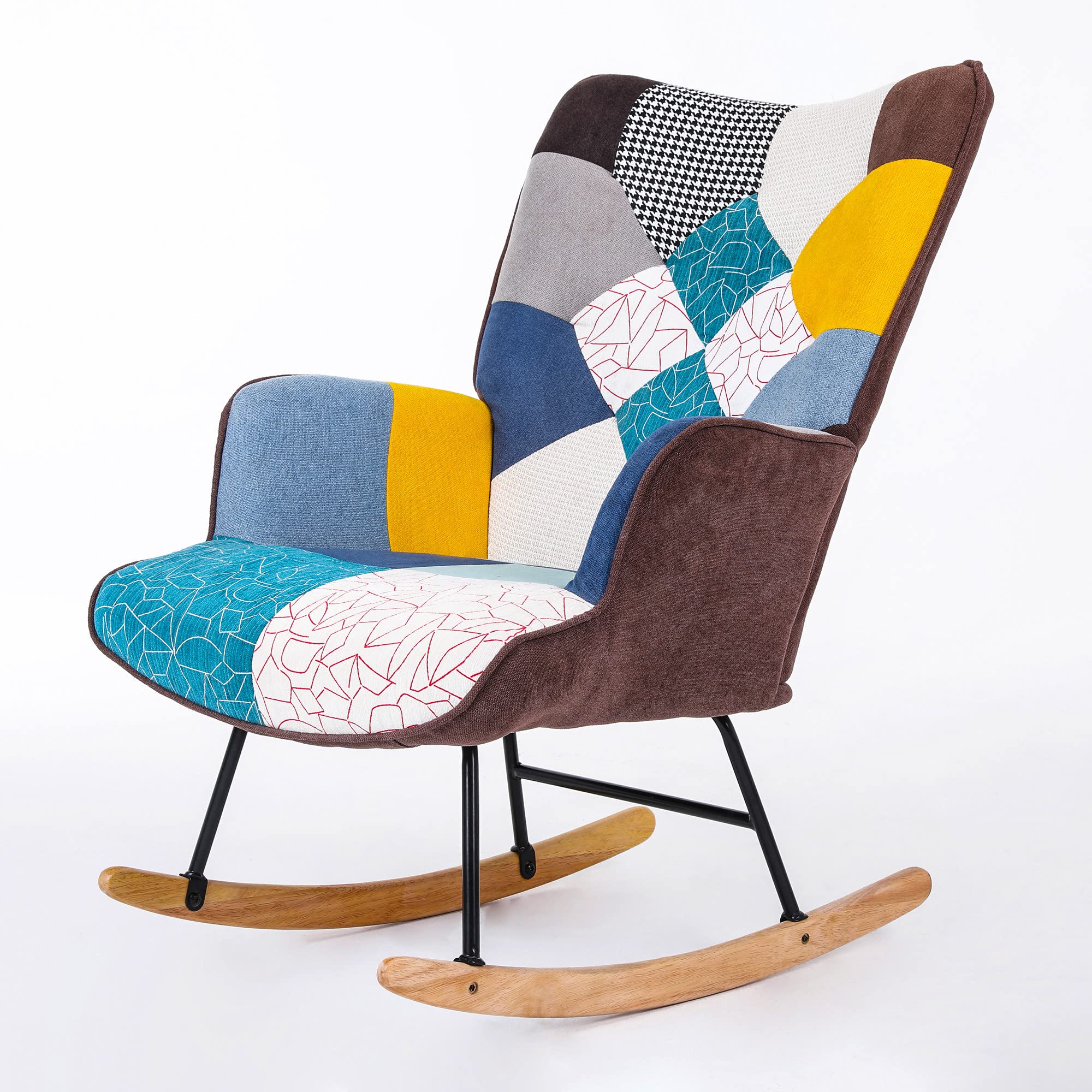 HomVent Upholstered Rocking Chair - Mid Century Modern Fabric Nursery Glider with Tall Back & Wood Base - Comfortable Accent Armchair for Adults & Kids - Perfect for Living Room, Bedroom, Nursery & Relaxation