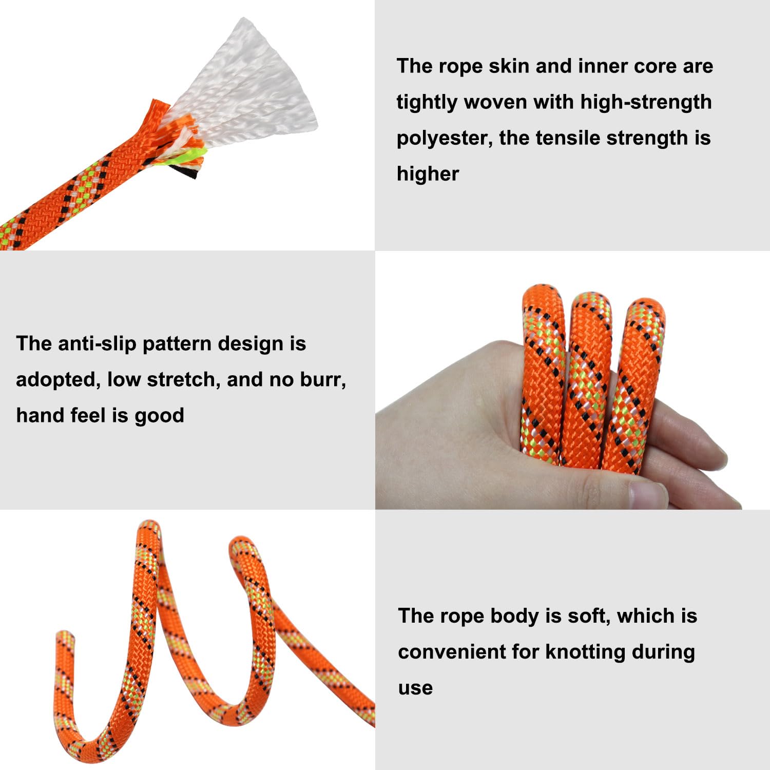 3/8 Inch x 100 Feet Braided Polyester Rope - Heavy Duty Climbing Rope for Tree Climbing, Pulling, Swing, Sailing | Outdoor Activities, DIY Projects, Marine & Camping Use | Orange Safety Rope