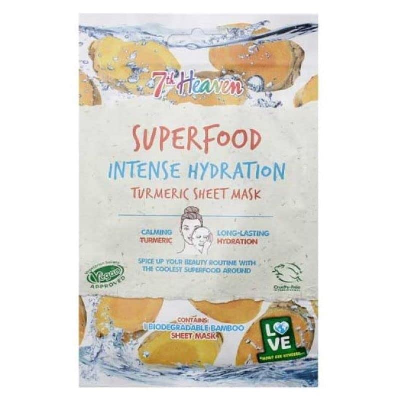 7th Heaven Superfood Intense Hydration Turmeric Biodegradable Bamboo Sheet Mask 24g - Cruelty-Free Vegan Face Mask with Aloe Vera for Soothing & Glowing Skin | Pack of 1 | Perfect for Spa Nights, Self-Care Routines & Post-Sun Skin Recovery