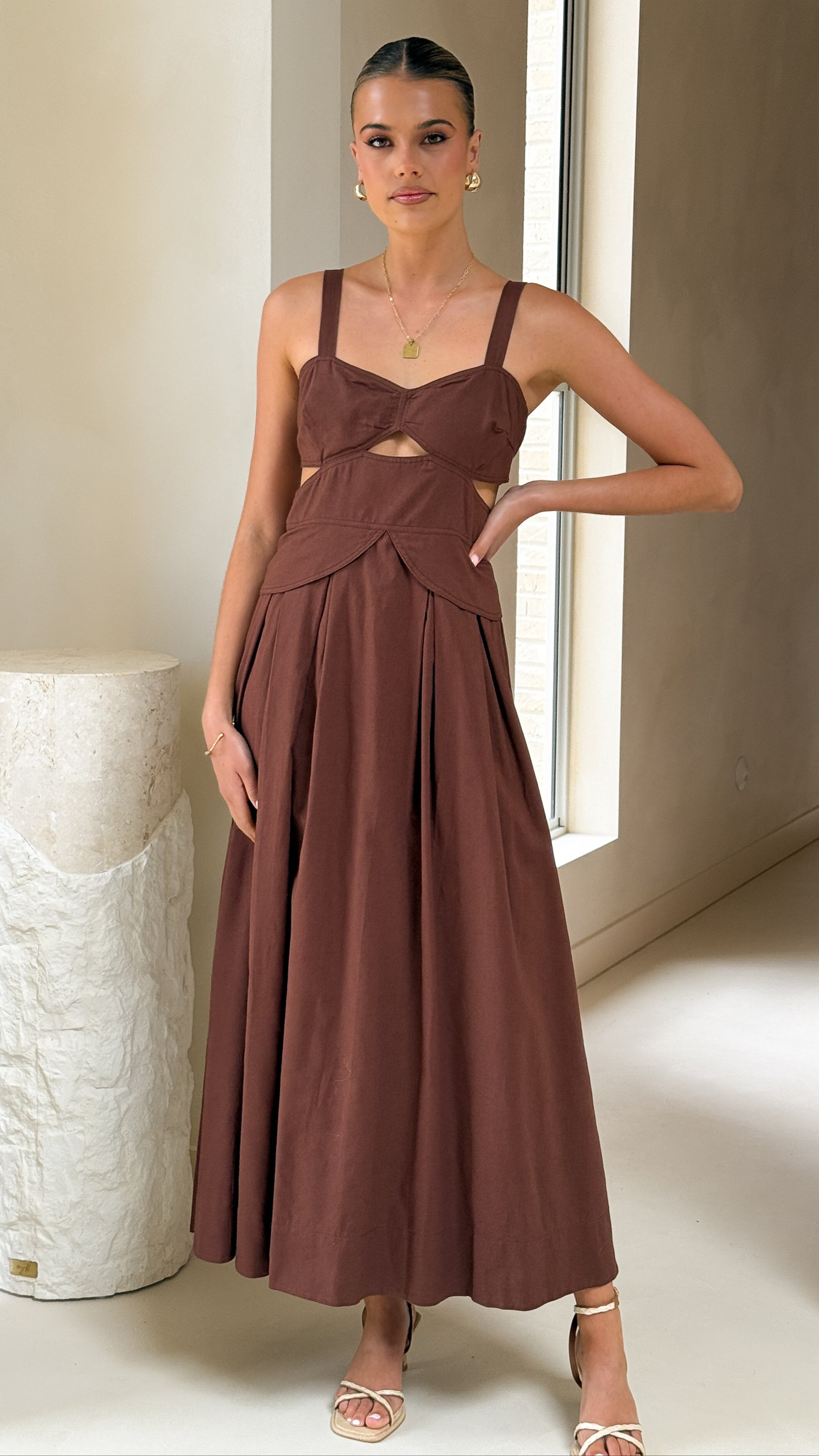 Harleigh Midi Dress in Brown - Elegant Casual & Party Wear for Women | Perfect for Office, Date Night & Special Occasions