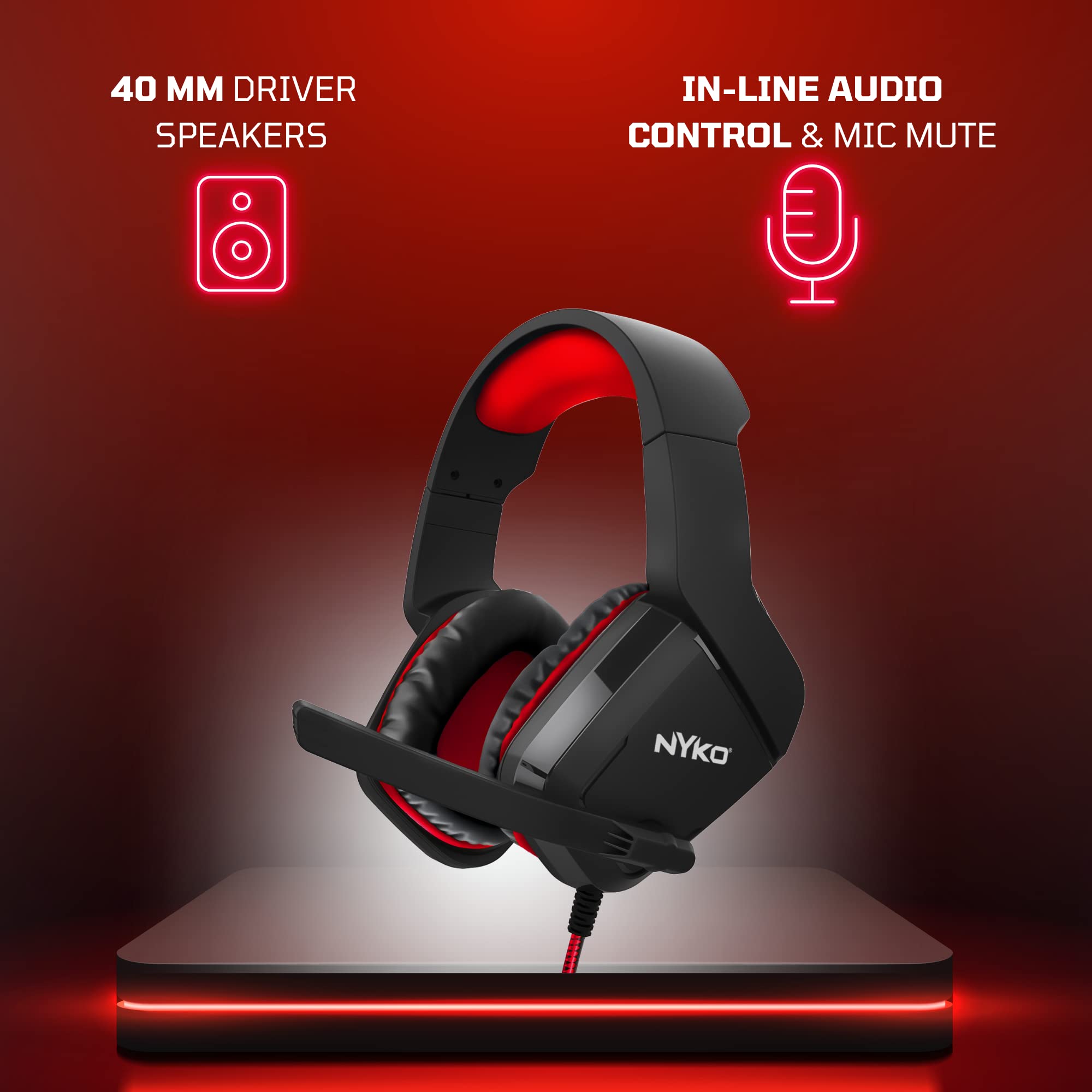 Nyko Ns-4500 Wired Gaming Headset for Nintendo Switch, PS4, PS5, Xbox One & Xbox X/S - Lightweight Over-Ear Headphones with Adjustable Noise-Canceling Mic - Black/Red Gaming Accessories for Immersive Gameplay & Online Chat