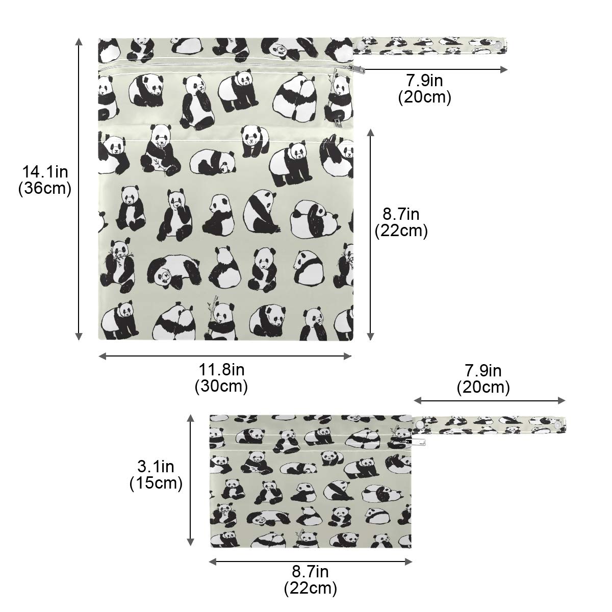Panda Print Wet Dry Bags for Baby Cloth Diapers - 2 Pack Reusable Waterproof Travel Bags for Swimsuits, Wet Clothes, Beach & Gym | Perfect for Diaper Storage, Pool Essentials & Sports Gear