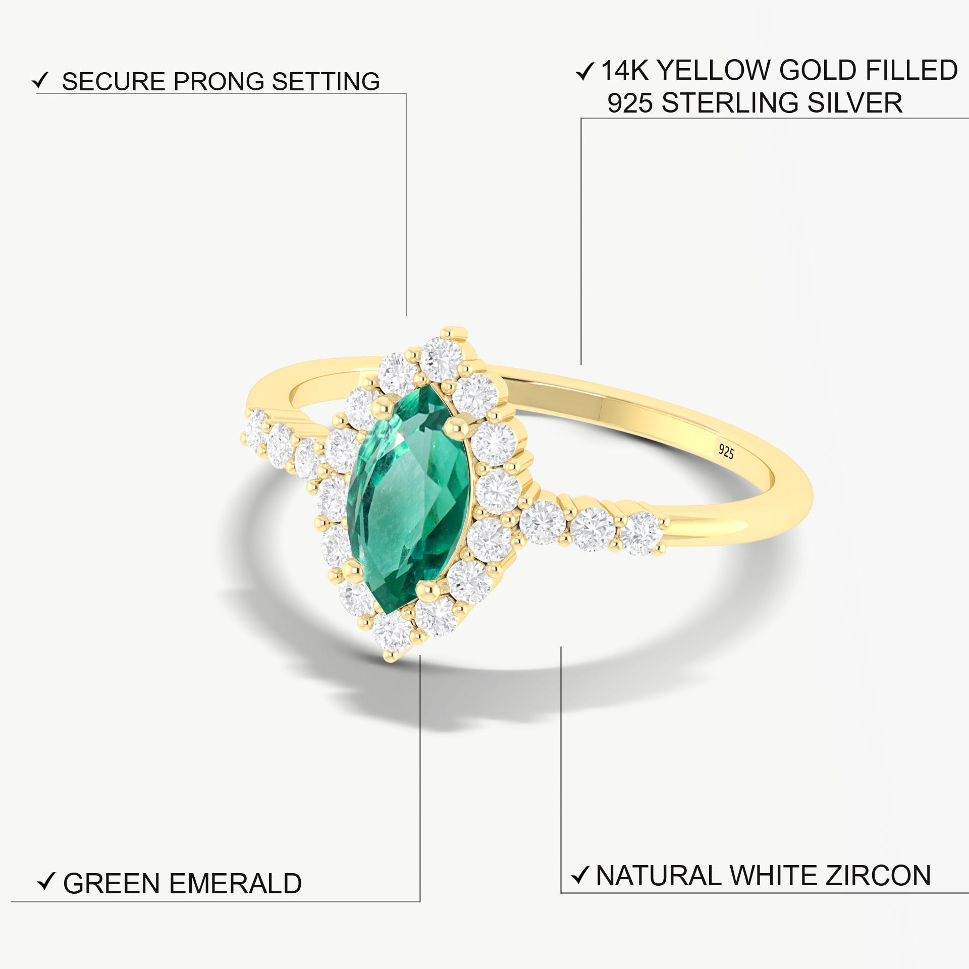 Lab Grown Marquise Emerald Ring for Women - Elegant 14K Gold Wedding, Engagement & Anniversary Jewelry Gift