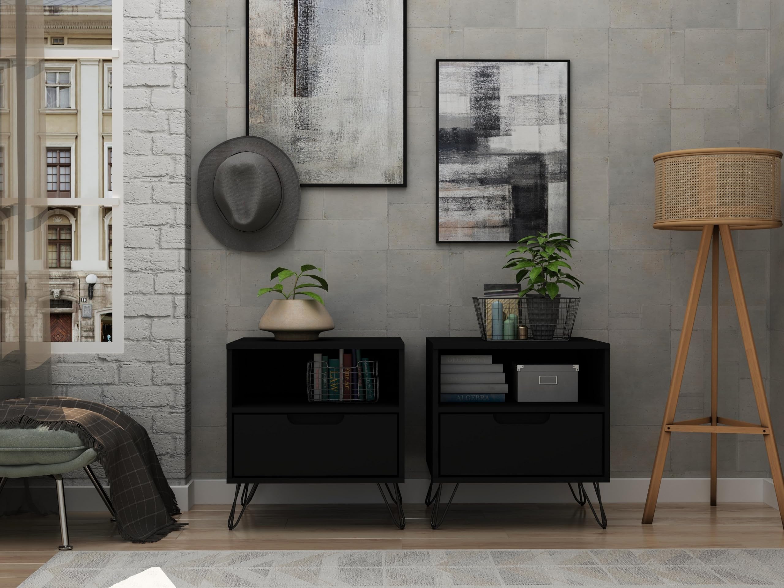 Mid Century Modern Nightstands Set of 2 - Manhattan Comfort Rockefeller Bedside Tables with Drawer & Cubby Storage | Functional Bedroom & Living Room Furniture Organizer in Black | Perfect for Small Spaces & Guest Rooms