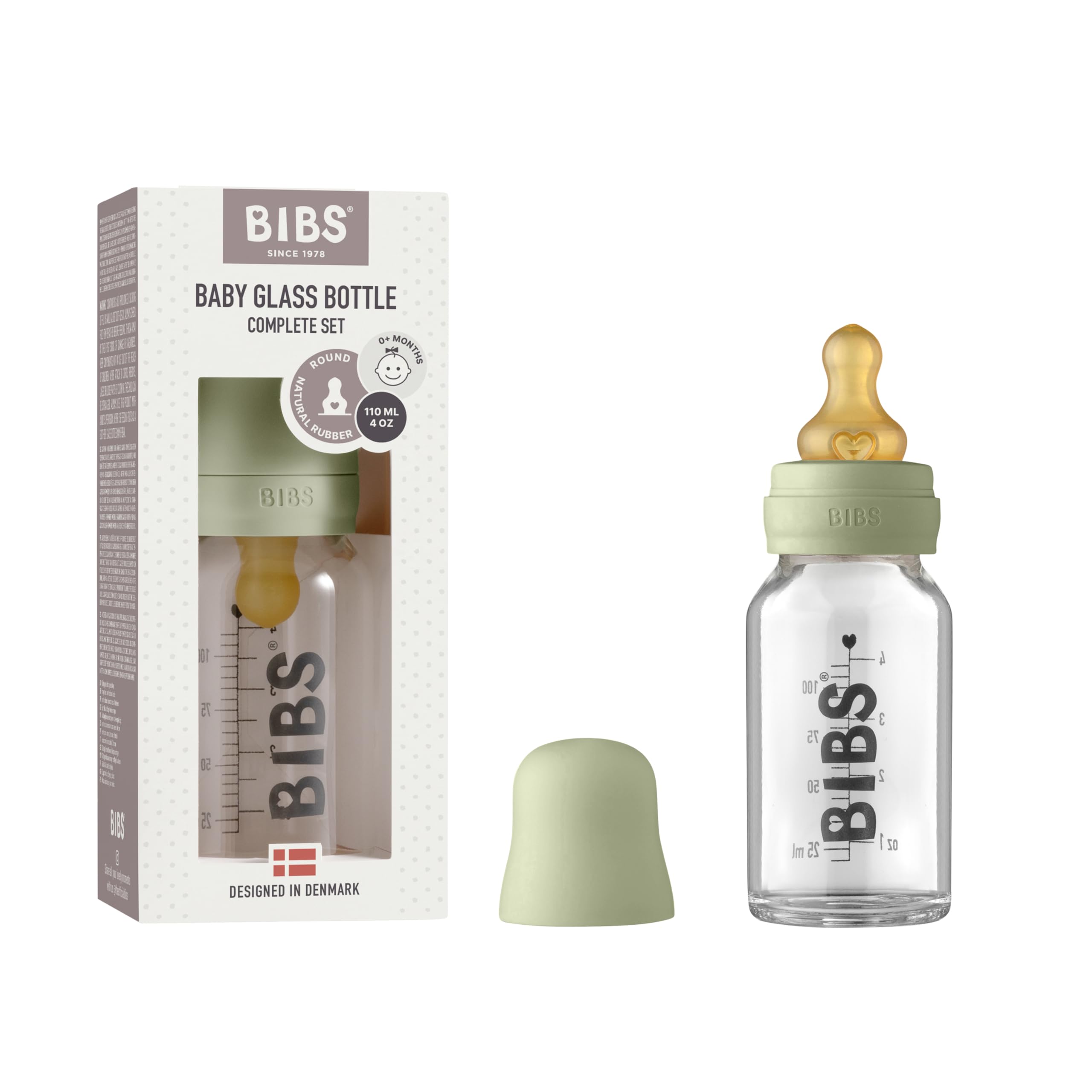 BIBS Baby Glass Bottle Set 110ml - BPA Free Natural Rubber Nipple | Eco-Friendly Baby Feeding Bottles Made in Denmark | Perfect for Newborns, Infants & Toddlers | Ideal for Breastmilk, Formula & Water Feeding at Home or On-the-Go
