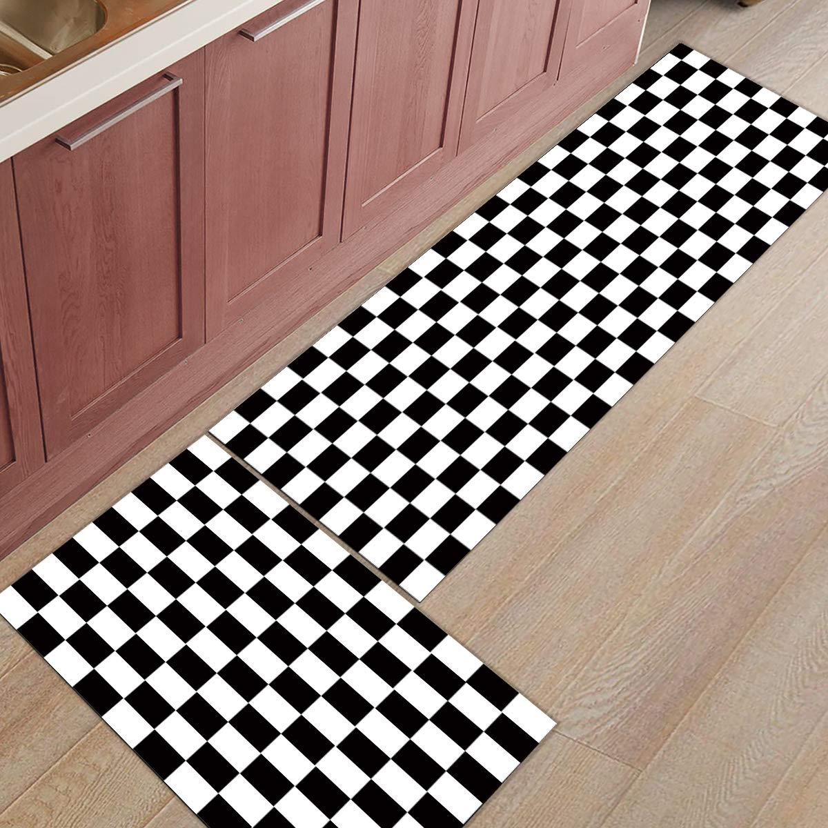2-Piece Non-Slip Kitchen Mat Set - Checkered Pattern Floor Rug with Rubber Backing (15.7