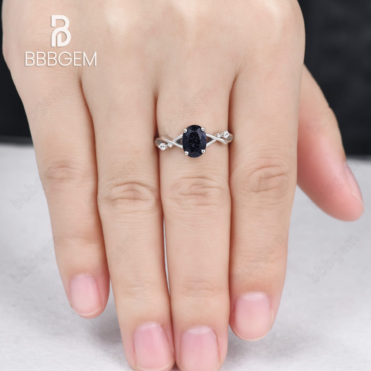 925 Sterling Silver White Gold Plated Oval Natural Blue Sandstone Twisted Vine Solitaire Engagement Ring for Women - Perfect for Proposals, Weddings & Anniversary Gifts