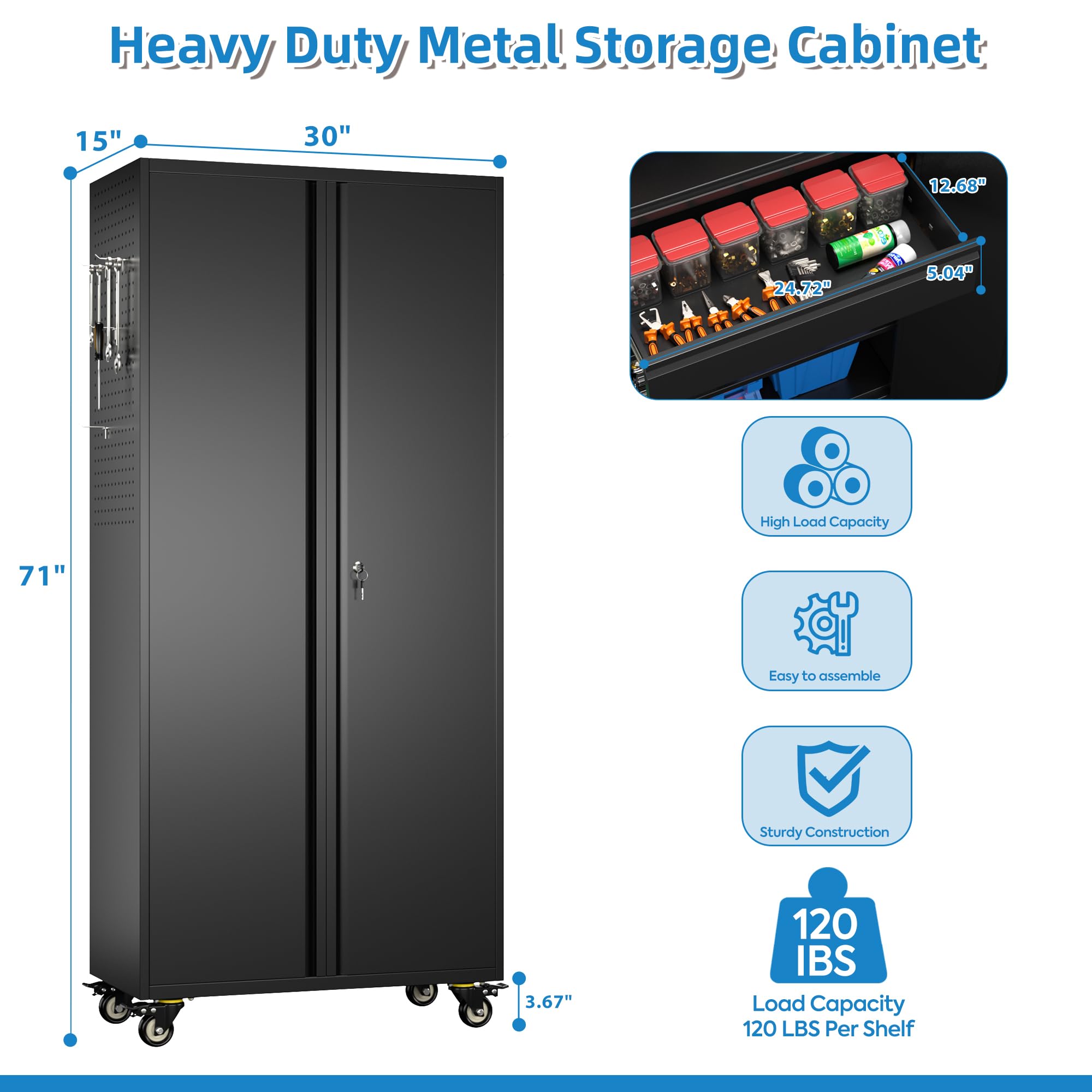 Heavy-Duty Metal Storage Cabinet with Wheels - Steel Utility Cabinet with 1 Drawer & 2 Adjustable Shelves for Home, Office, Kitchen, School & Pantry Organization | Perfect for Garage Storage, Classroom Supplies & Kitchenware Organization