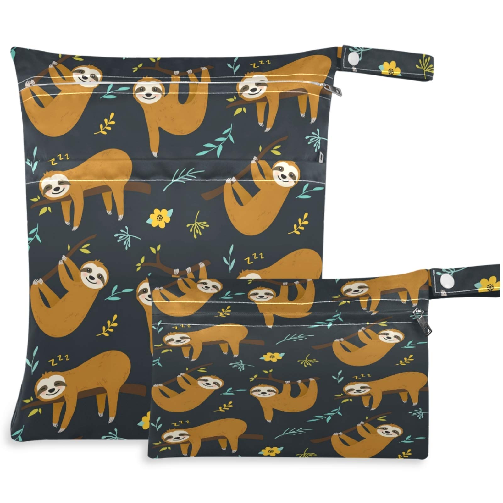 **Visesunny Cartoon Sloth 2-Pack Wet Bags with Zippered Pockets – Washable & Reusable for Travel, Beach, Pool, Daycare, Stroller | Perfect for Diapers, Gym Clothes, Swimsuits & Toiletries**    *(Ideal for Organizing Wet or Dirty Items On-the-Go!)*
