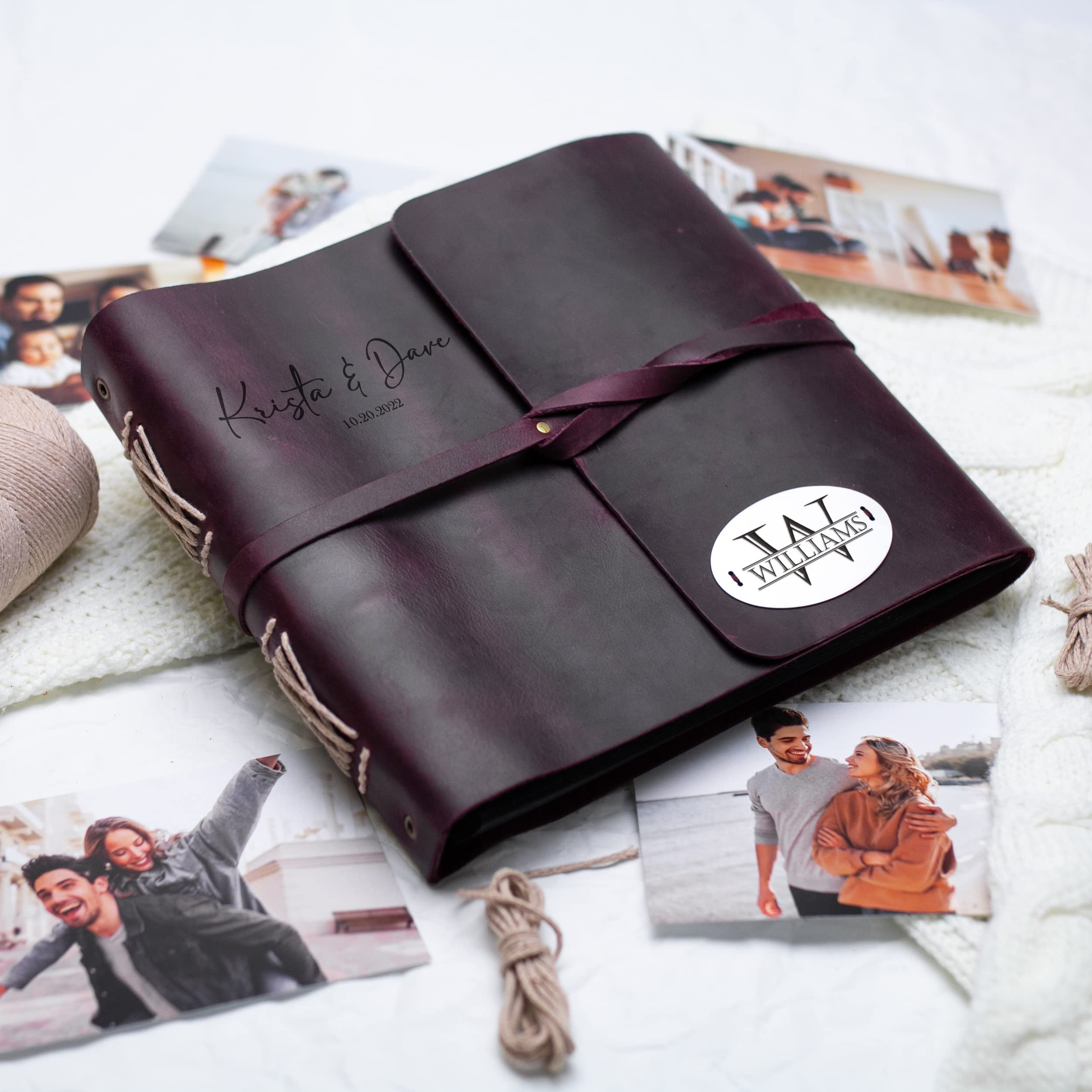 Custom Engraved Leather Photo Album with Metal Plate - Personalized Wedding Guest Book with Names & Date - Rustic Scrapbook for Bridal Shower, Engagement, Anniversary Gifts | Perfect for Couples, Memory Keeping & Special Occasions