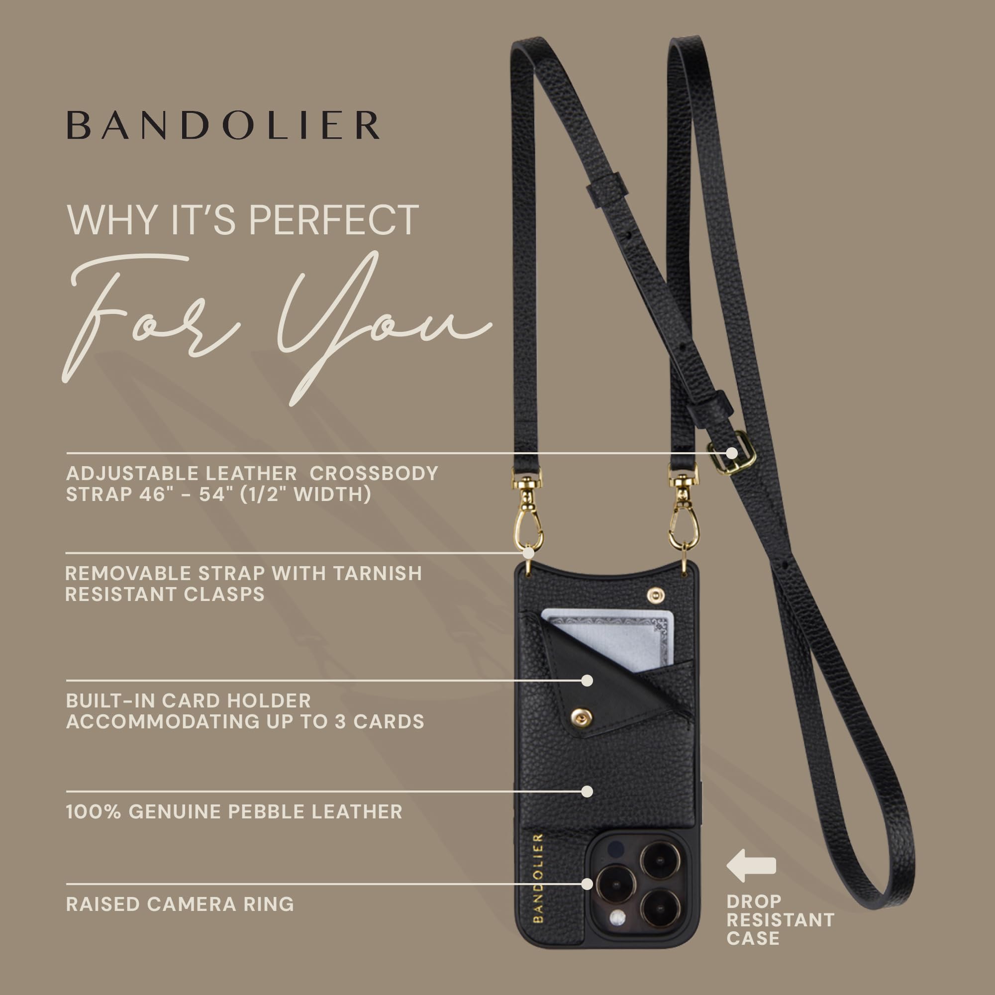 Emma Crossbody Wallet Phone Case for iPhone 14 Pro - 100% Genuine Pebble Leather with Adjustable Strap & Card Holder | Black & Gold | Perfect for Hands-Free Shopping, Travel & Everyday Use