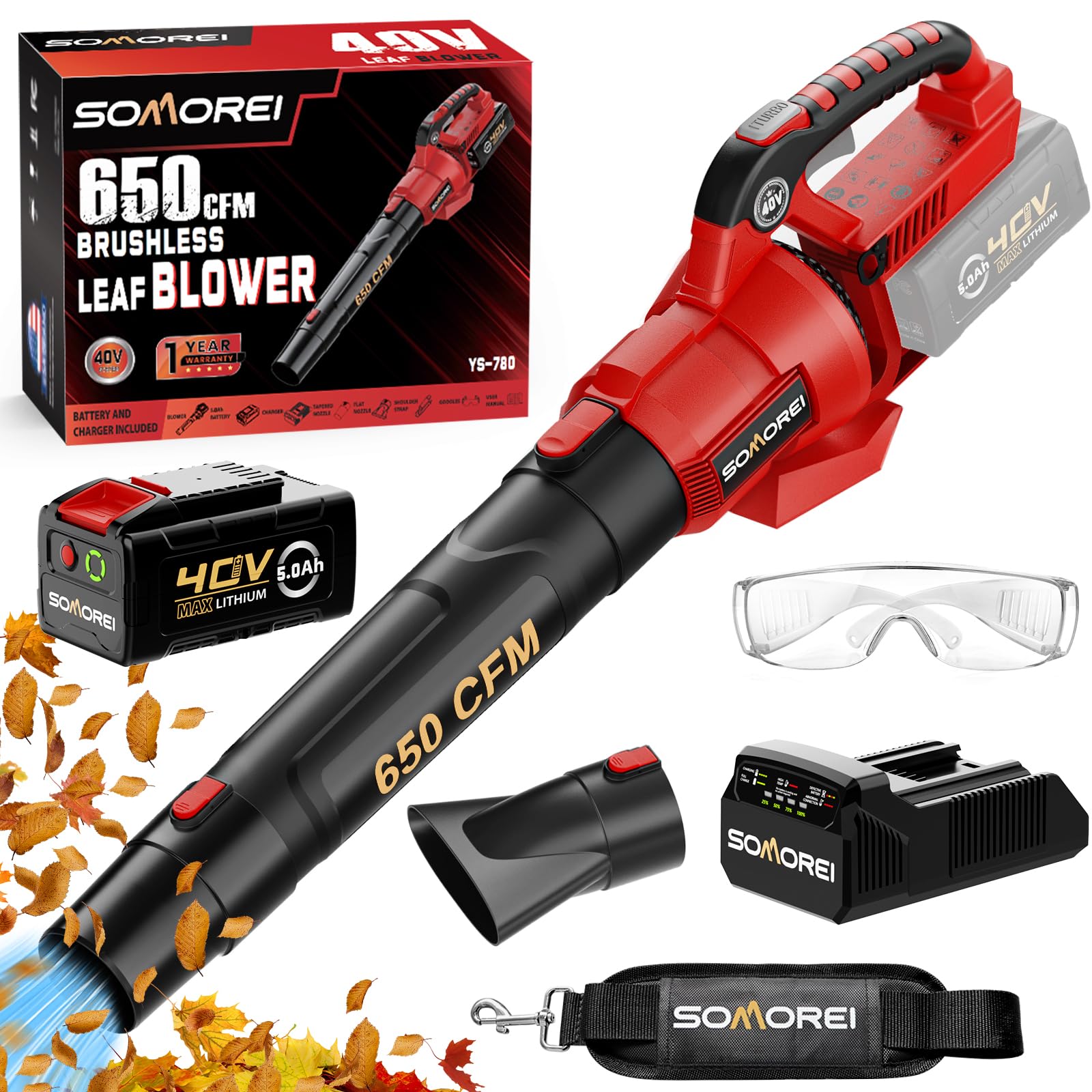 Somorei 40V Cordless Leaf Blower - 650 CFM 190 MPH Battery Powered Blower with 5.0Ah Battery & Fast Charger - Lightweight Brushless Yard Blower for Lawn, Garden, Patio, Driveway & Outdoor Cleaning