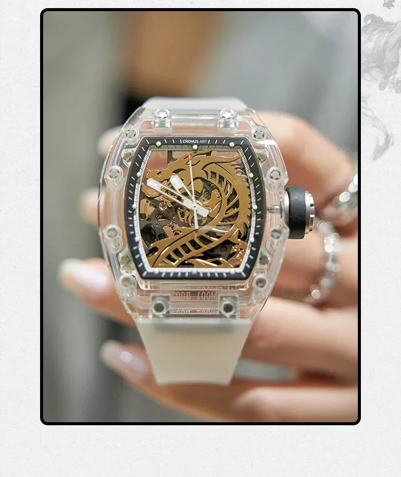 CRONUSART Men's Automatic Mechanical Watch - Tonneau Sapphire Crystal Case, Luminous Hands, Skeleton Dragon Dial, Liquid Silicone Strap - Perfect for Business, Casual & Formal Occasions