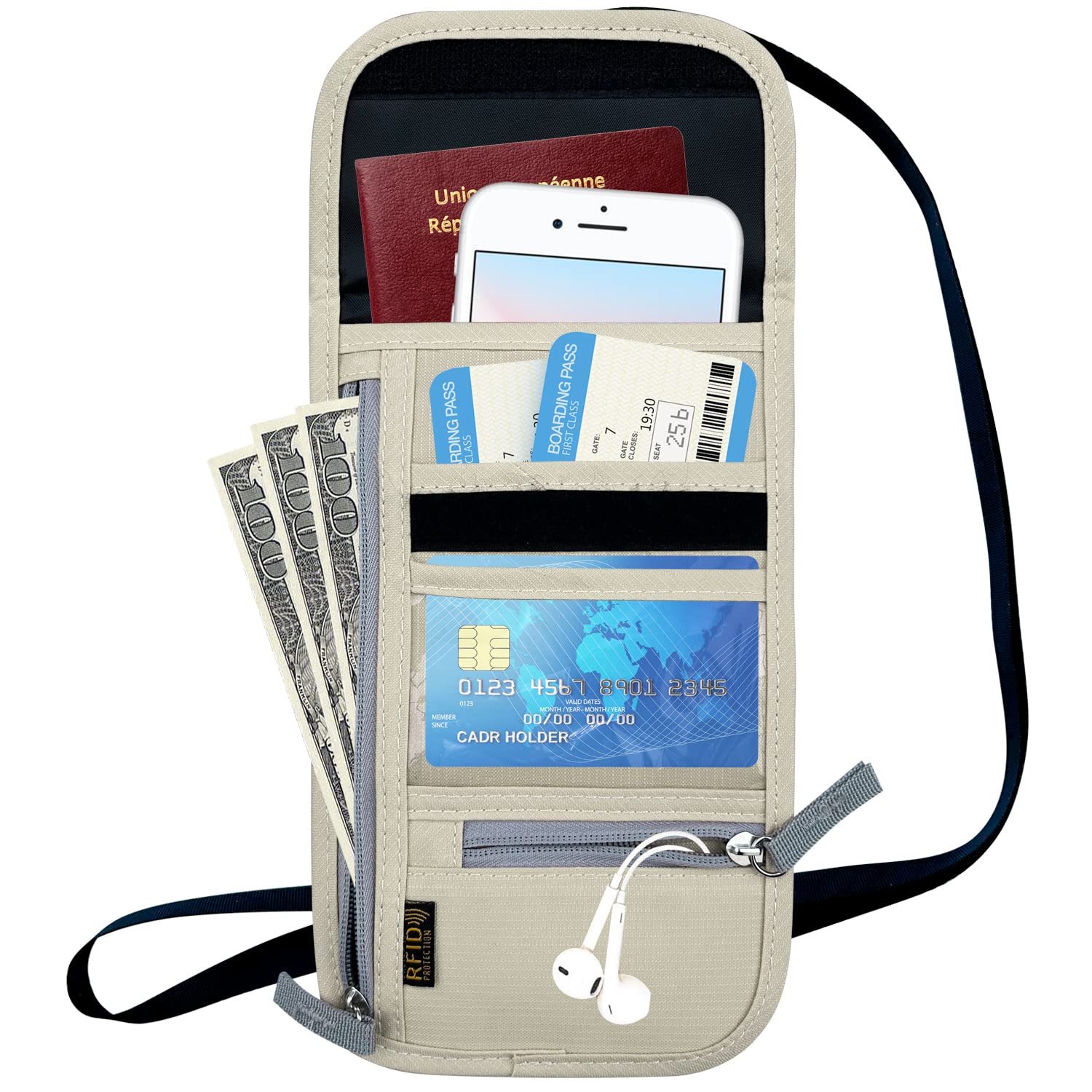RFID Blocking Travel Neck Wallet - Adjustable Passport Holder for Men & Women | Secure Cash, Credit Cards & Travel Documents | Perfect for Airports, Sightseeing & Commuting - Beige
