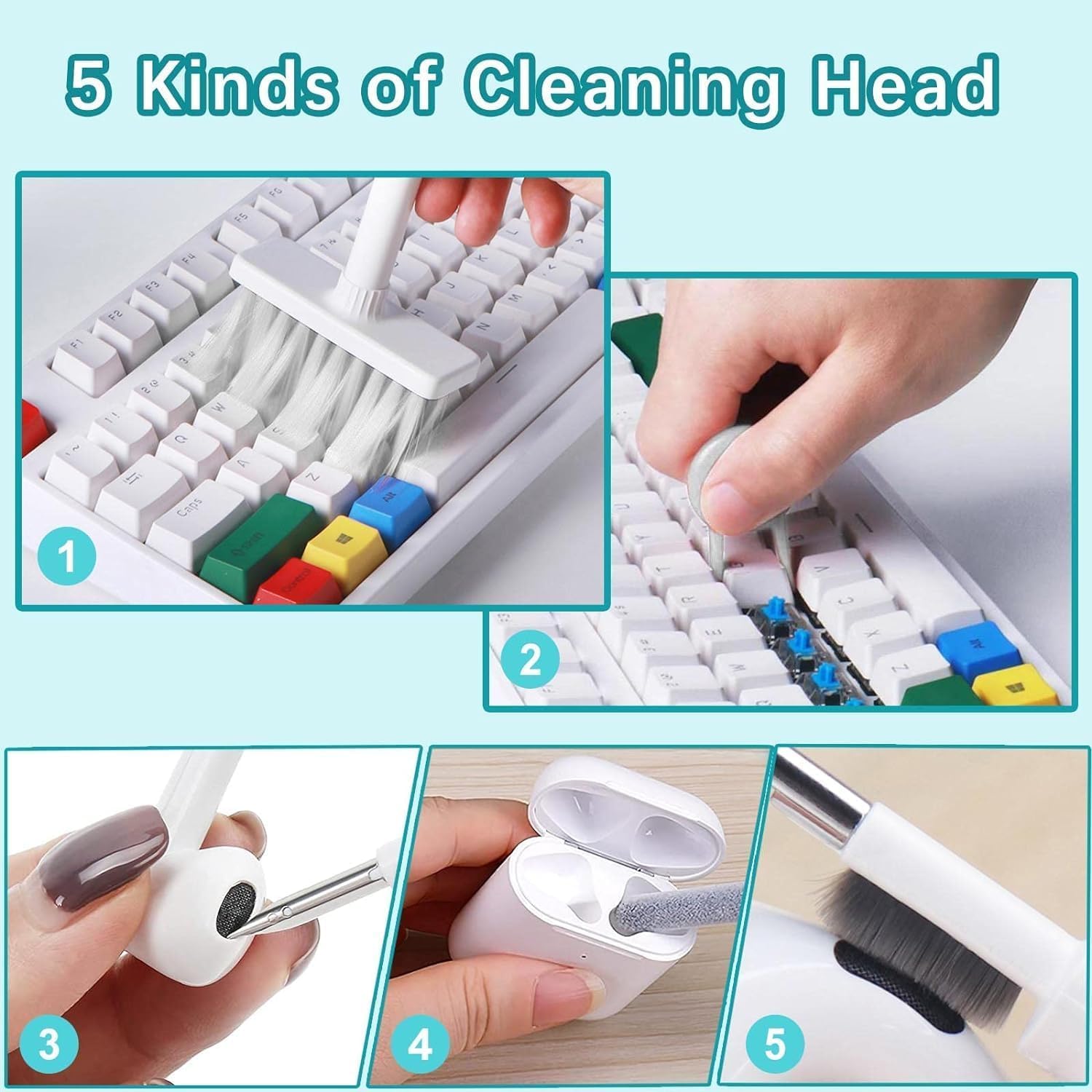 5-in-1 Keyboard Cleaning Kit with Soft Bristle Brush, Keycap Puller & Earbud Cleaner - Professional Cleaning Tools for Mechanical Keyboards, PC Laptops & Headphones (White) - Perfect for Gamers, Office Workers & Tech Enthusiasts