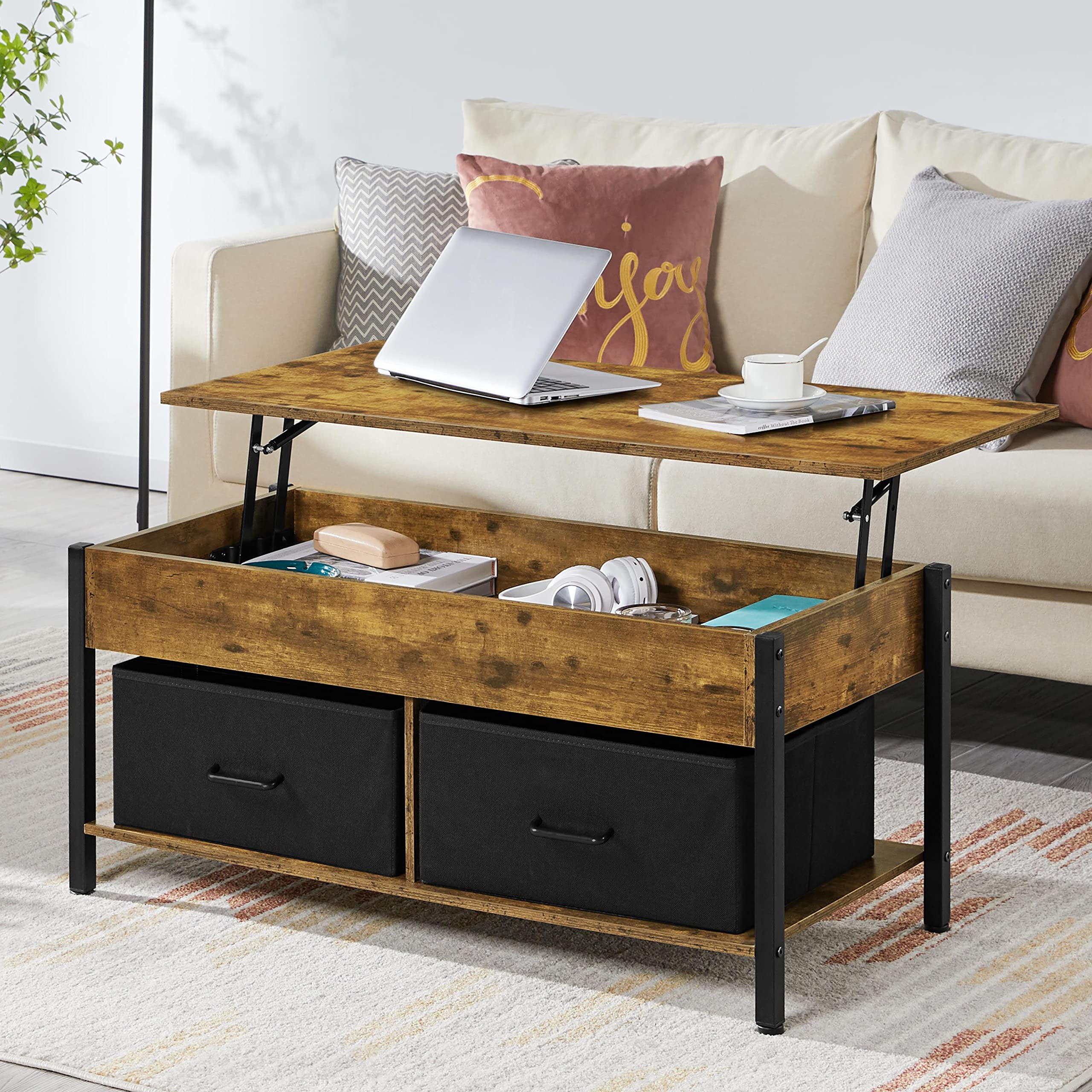 Yaheetech 41.5 Inch Lift Top Coffee Table with Storage - Rustic Brown Wooden Raisable End Table with 2 Fabric Baskets for Living Room & Office - Perfect for Small Spaces, TV Snacking, and Remote Storage