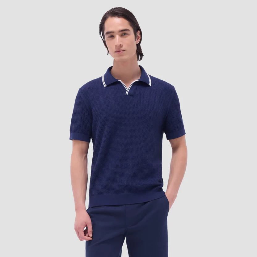 Bugatchi Men's Short Sleeve Johnny Collar Sweater - Navy Blue Cotton Knit Pullover for Casual Wear & Office Outfits