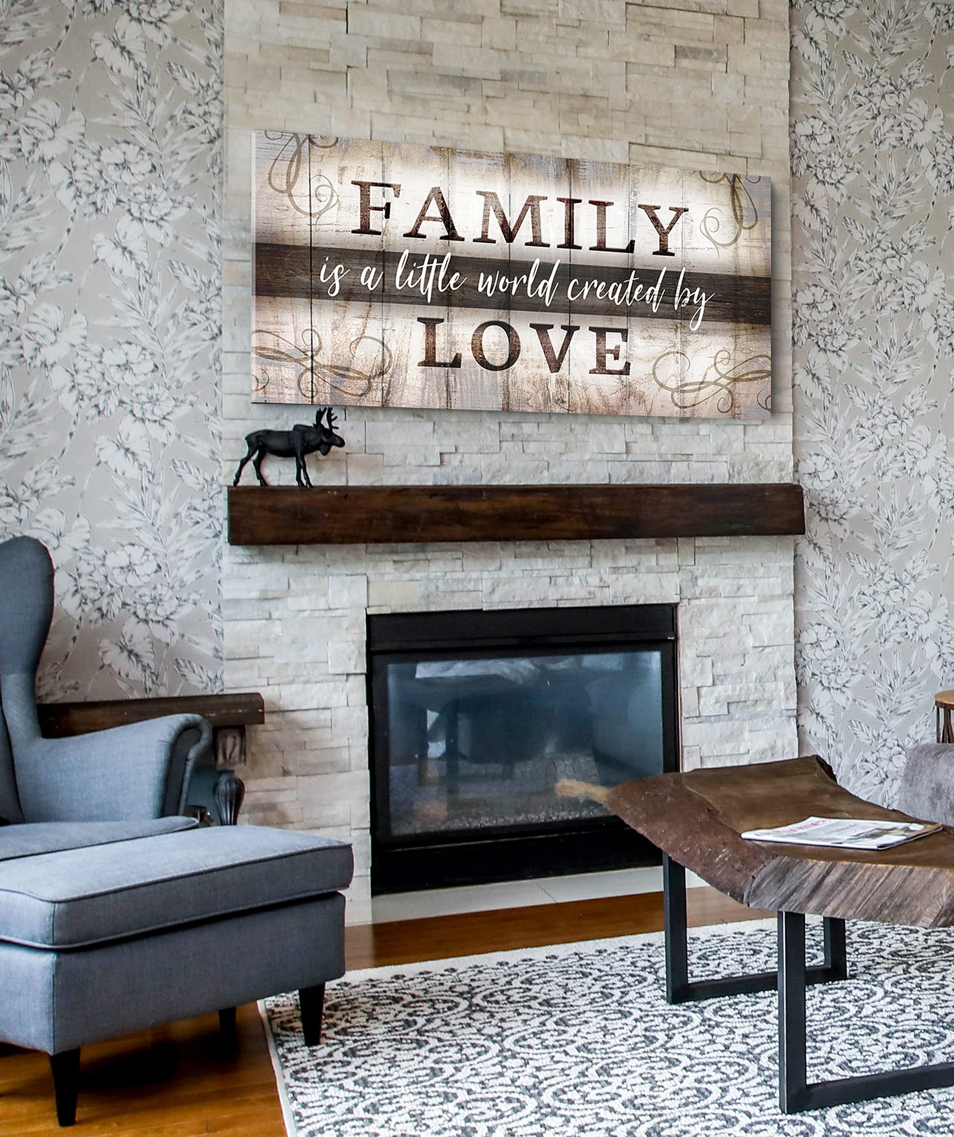 Family Is A Little World Sign - Large Farmhouse Canvas Wall Art for Living Room & Family Room Decor - Framed Wall Décor - Brown 60x27 Inches - Perfect for Rustic Home, Bedroom & Office Wall Decoration