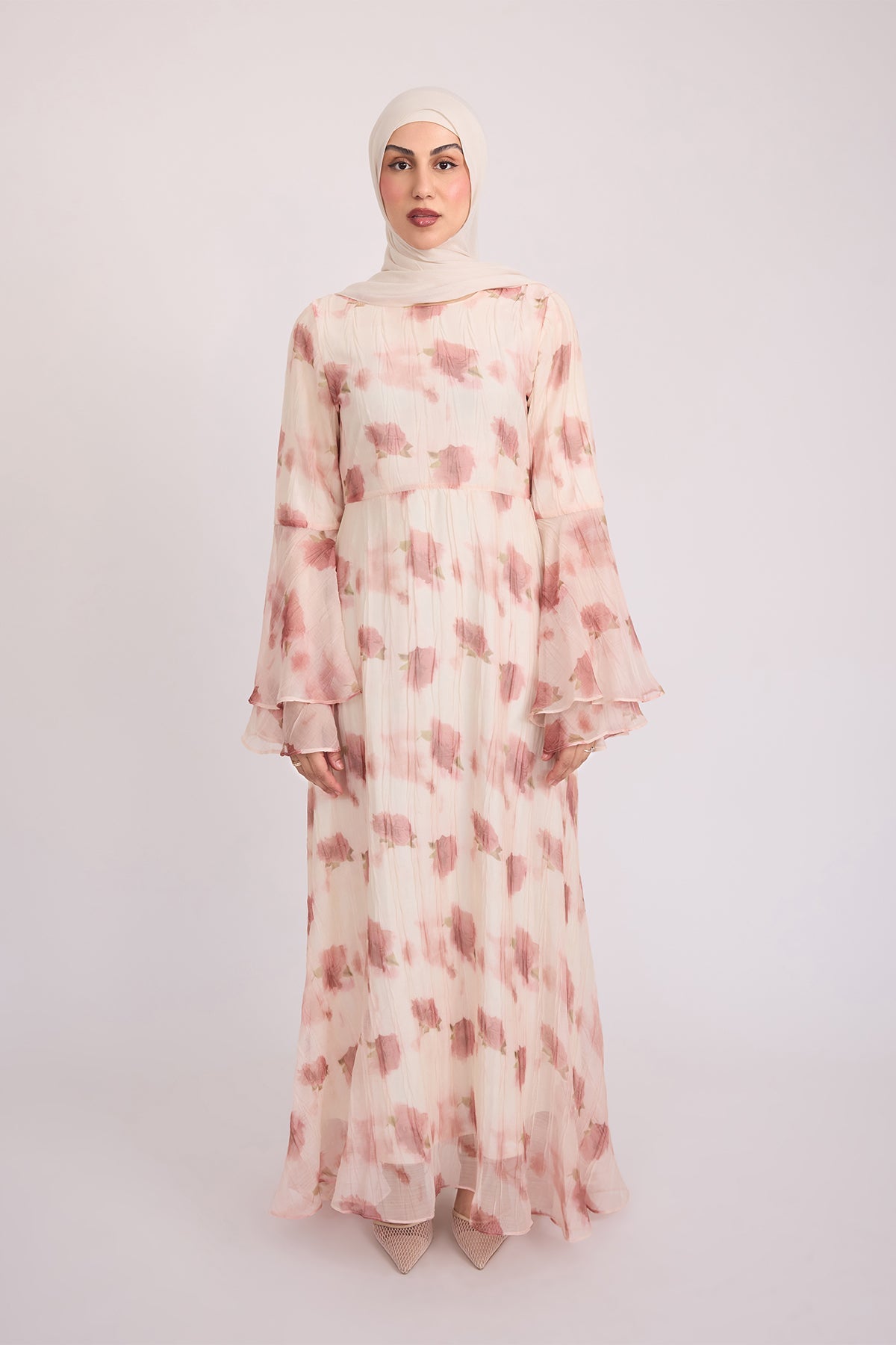 Vivienne Large Ruffle Sleeve Dress in Terra Rose - Elegant Floral Print Maxi Dress for Women, Perfect for Weddings, Parties & Special Occasions