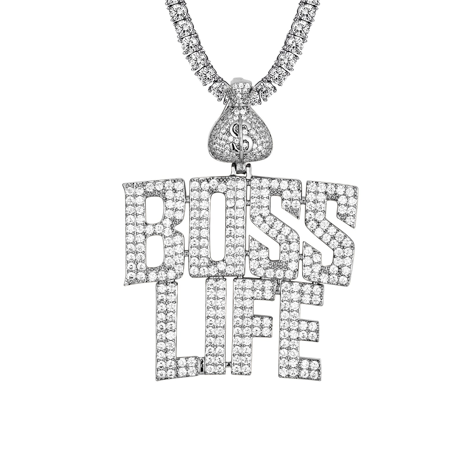 White Tone Boss Life Money Rich Dollar Bag Men's Custom Pendant - Luxury Hip Hop Jewelry for Rappers & Streetwear Fashion