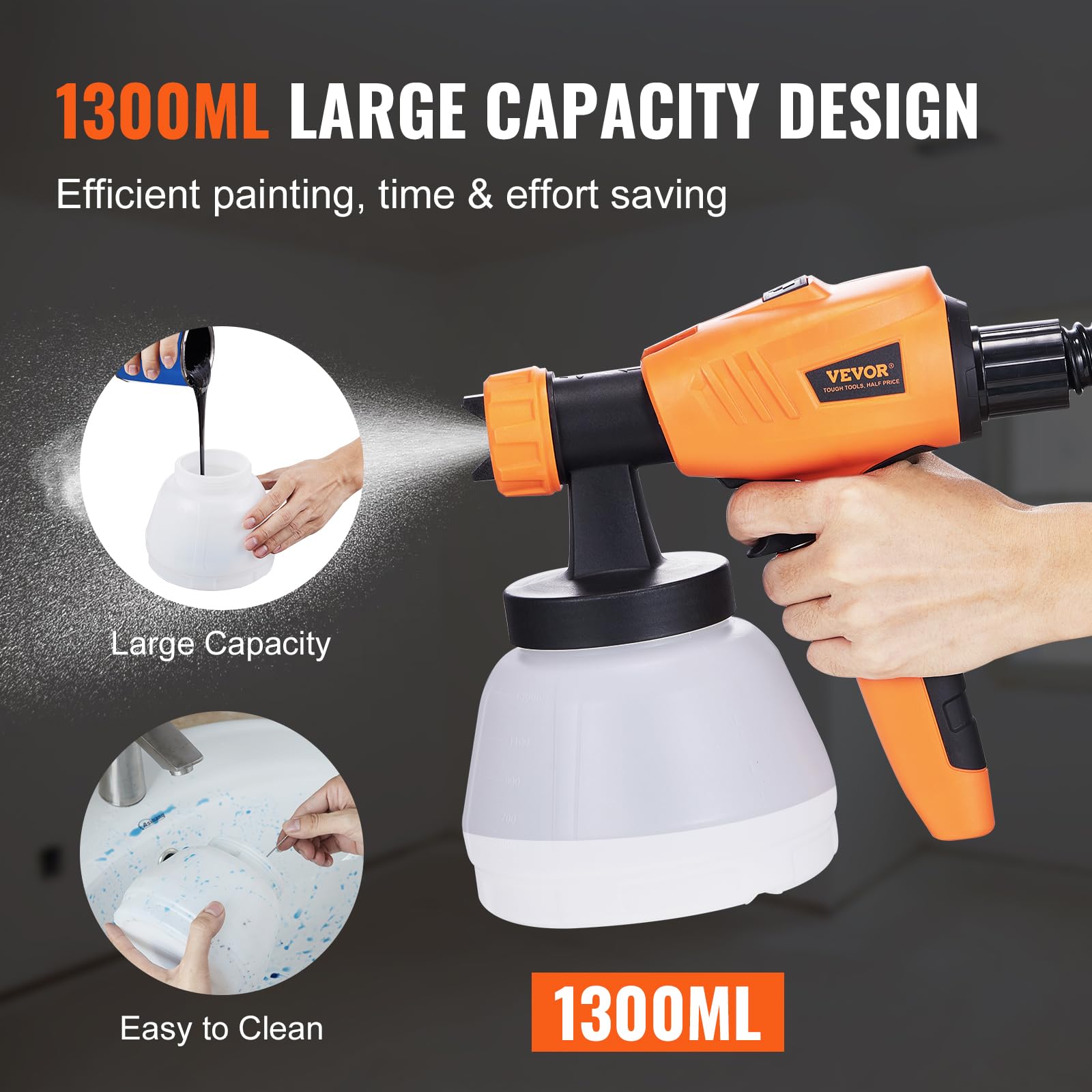 VEVOR 800W HVLP Electric Paint Spray Gun with 1300ml Container, 10FT Air Hose, 3 Spray Patterns & 4 Nozzles - Perfect for House Painting, Interior/Exterior Walls, Fences, Furniture and DIY Projects