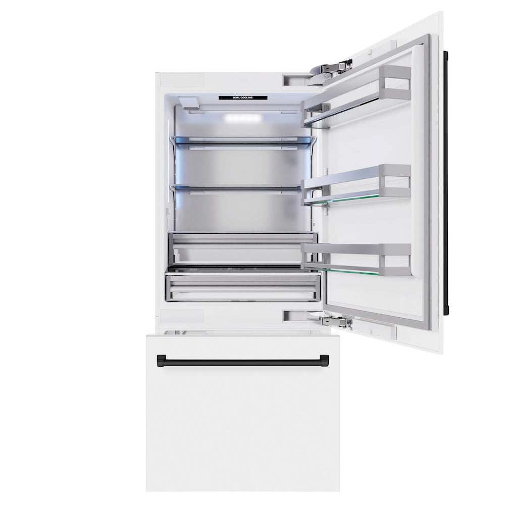 ZLINE Autograph Edition 36 Inch Built-In Bottom Freezer Refrigerator - 19.8 cu ft Capacity, Water Dispenser & Ice Maker, White Matte with Matte Black Accents (RBITZ WM 36 MB) - Perfect for Modern Kitchens, Open Concept Homes & Luxury Appliances Upgrade