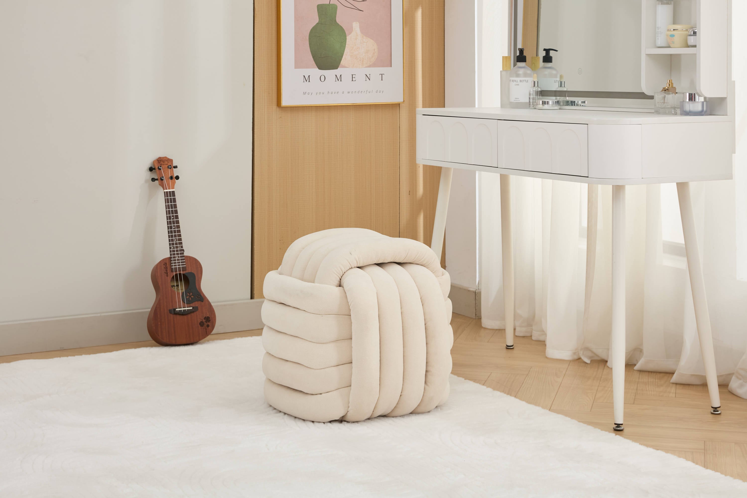 Modern Knot Design Chenille Fabric Ottoman Footstool - Comfortable & Stylish Makeup Stool for Living Room, Bedroom - Beige Home Decor Accent | Perfect for Lounging, Reading Nook & Vanity Seating