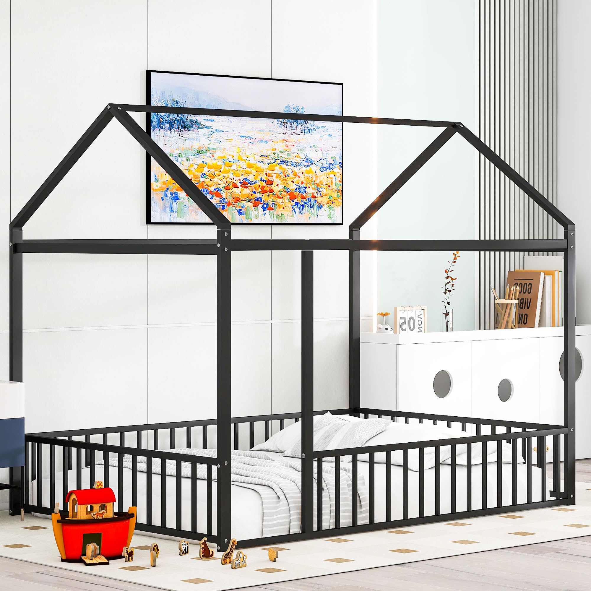 Harper & Bright Designs Full Size House Bed with Safety Rails - Metal Floor Bed Frame for Kids - Montessori Playhouse Bed with Roof - Perfect for Boys & Girls (Black) - Ideal for Bedrooms, Playrooms & Montessori Learning Spaces