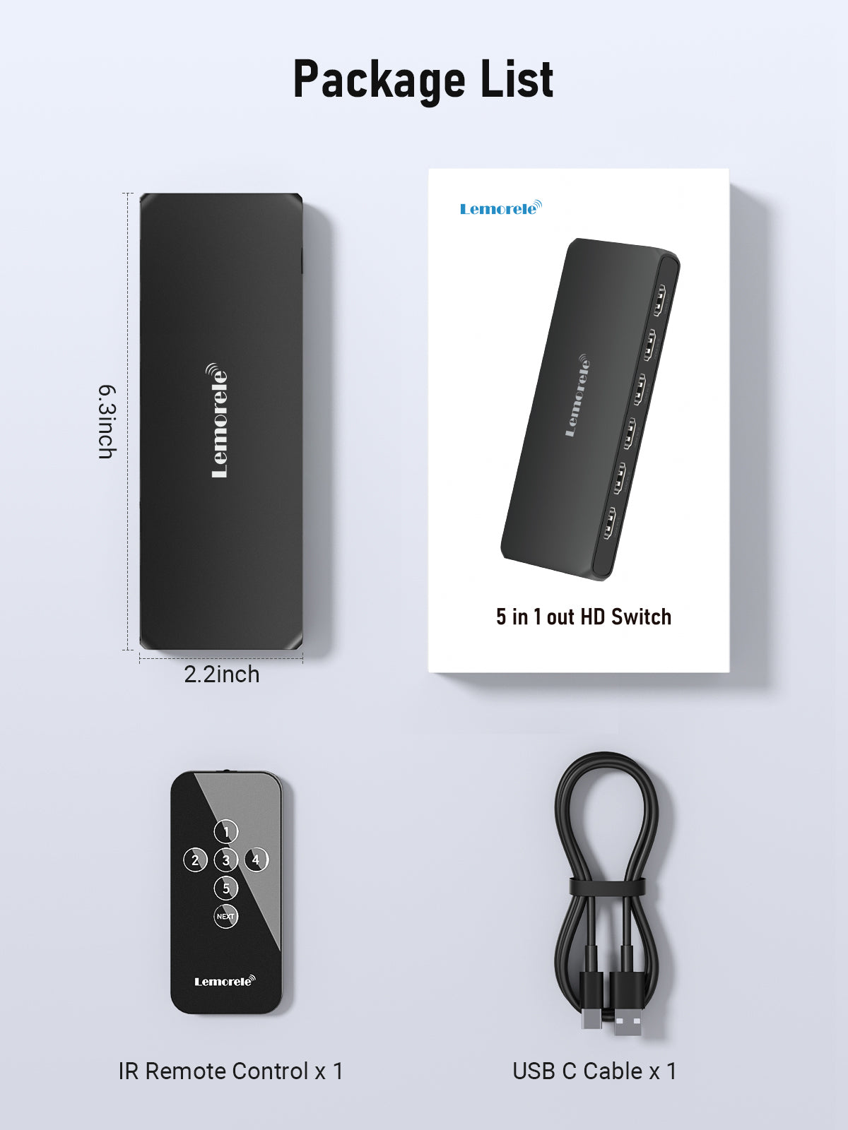 Lemorele 5 in 1 HDMI Switch Box - 4K 60Hz HDMI Splitter with Remote Control for PS5, Xbox, Roku, Fire TV, Apple TV | Home Theater & Gaming Setup Accessory