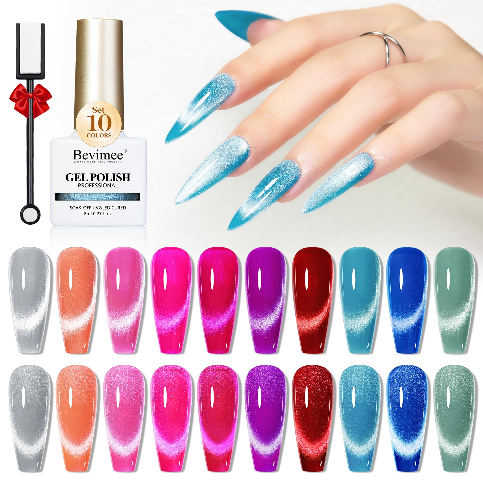 10 Colors Neon Cat Eye Gel Nail Polish Set - Magnetic 9D Effect with Sparkle Glitter (Red, Pink, Blue) - Long Lasting Soak Off UV/LED Gel Polish for Home Salon & Professional Nail Art