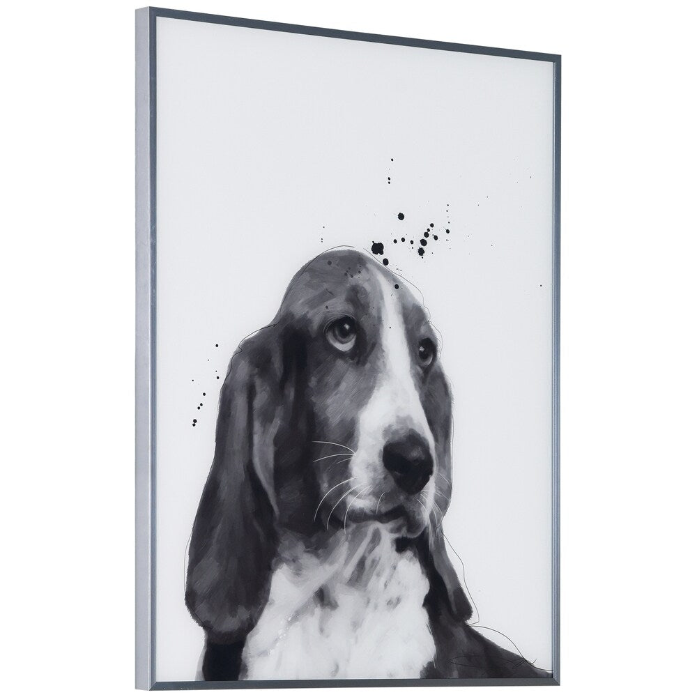 Basset Hound Black and White Dog Wall Art - Reverse Printed Glass with Gunmetal Frame - Perfect for Living Room, Bedroom or Office Decor